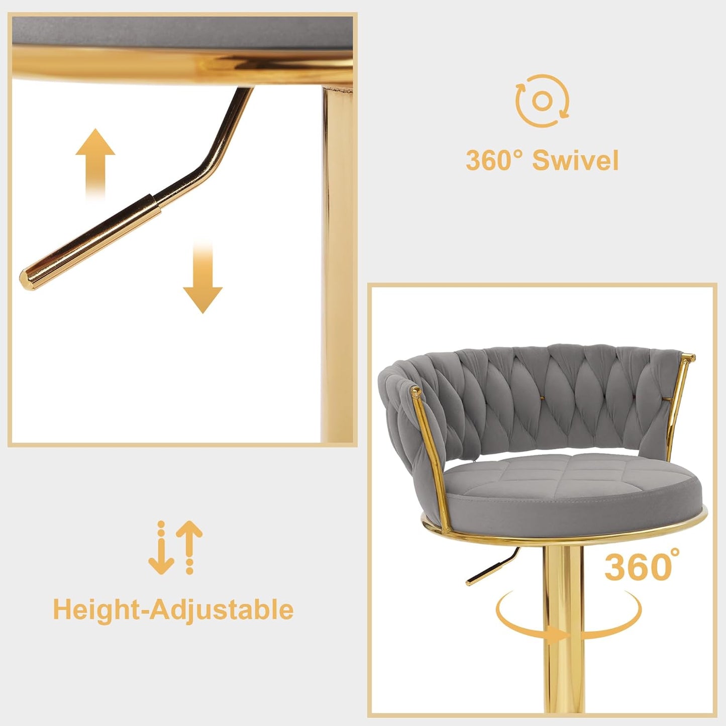 VECELO Bar Stools Set of 4, Adjustable Barstools Counter Height Stools with Back and Arm, Velvet Woven Kitchen Island Stools w/Gold Metal Leg & Base, 360° Swivel Bar Chair, Light Grey
