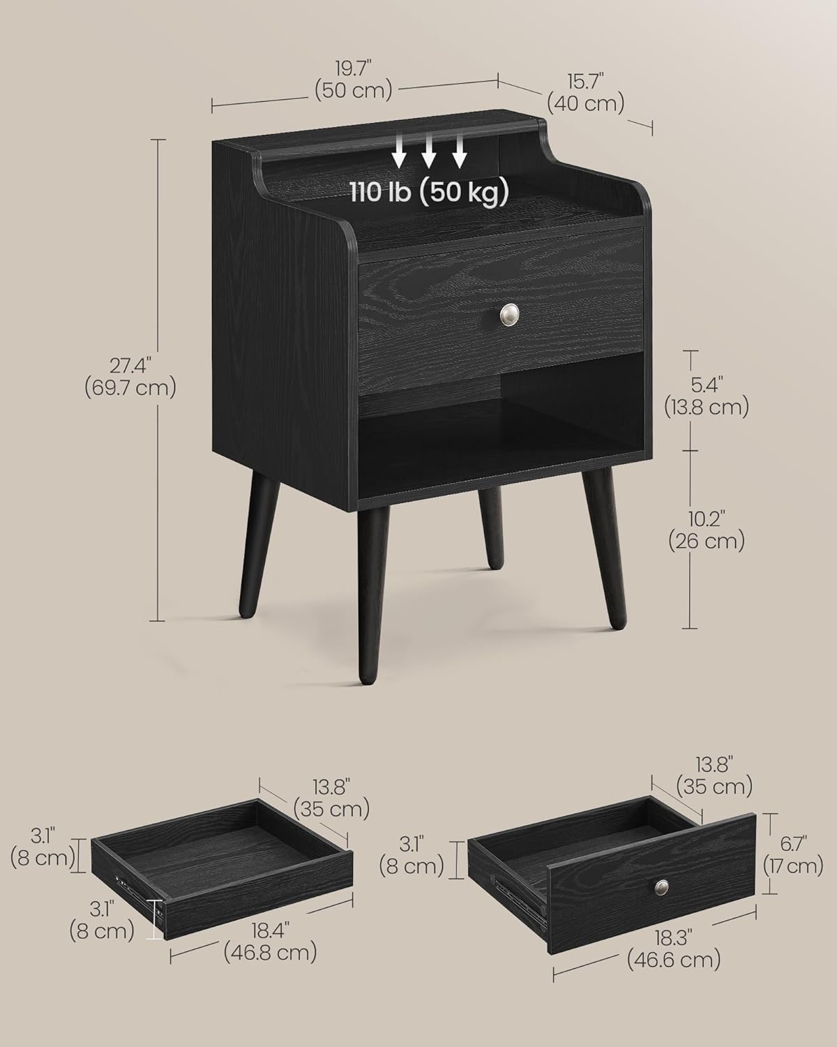 VASAGLE Nightstands, Set of 2, Bedside Tables with Hidden Drawers, Mid-Century End Side Tables with Solid Wood Legs, for Bedroom, Ebony Black ULET624B01