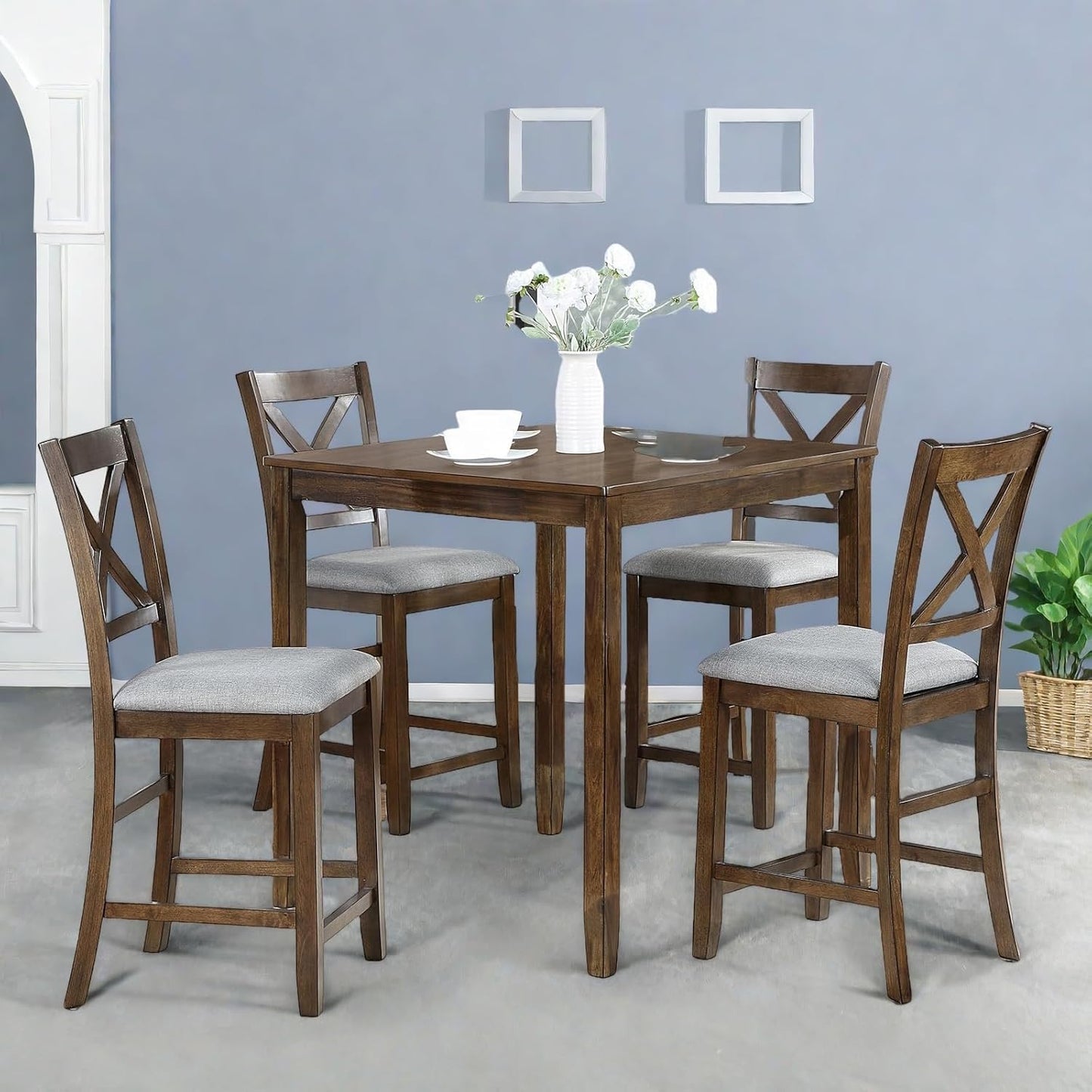Dining Table Set for 4, Modern 5 Piece Dining Room Table Set with Square Table & 4 X-Shaped Backrest Upholstered Chairs, Counter Height Kitchen Chairs Set for Small Space, Walnut