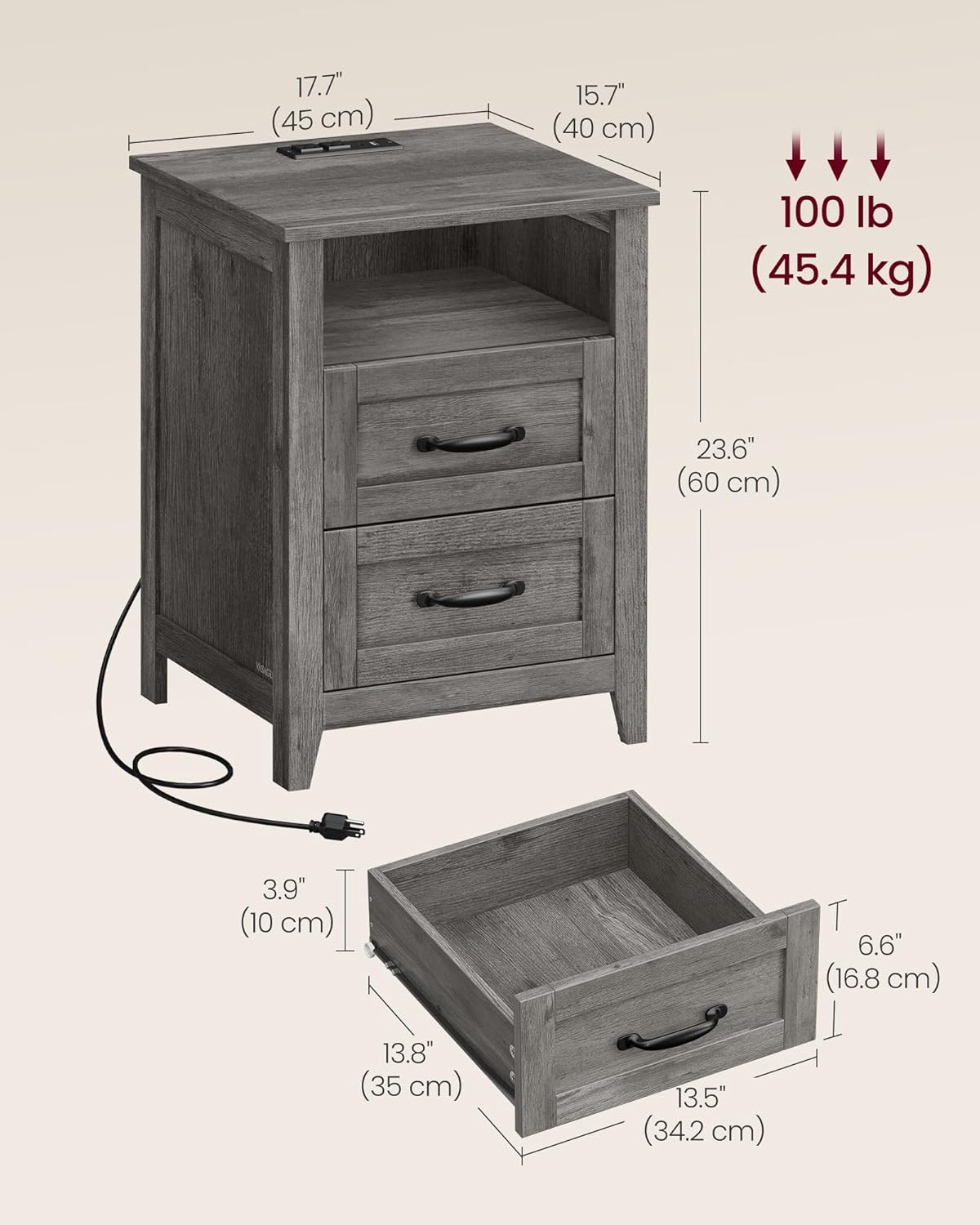 VASAGLE LIRY Collection - Farmhouse Nightstand with Charging Station, Bedside Table, Side Table with 2 Drawers, Open Compartment, for Bedroom, Misty Gray ULET669G01