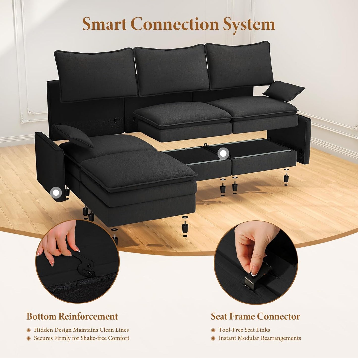 Vesgantti Large Modular Sectional Sofa, Big Comfy Cloud Couch with Ottoman Deep Seat Chenille Cloud Sofa, 8 Seater Large Sectional Couches for Living Room, Bedroom and Apartment, Black