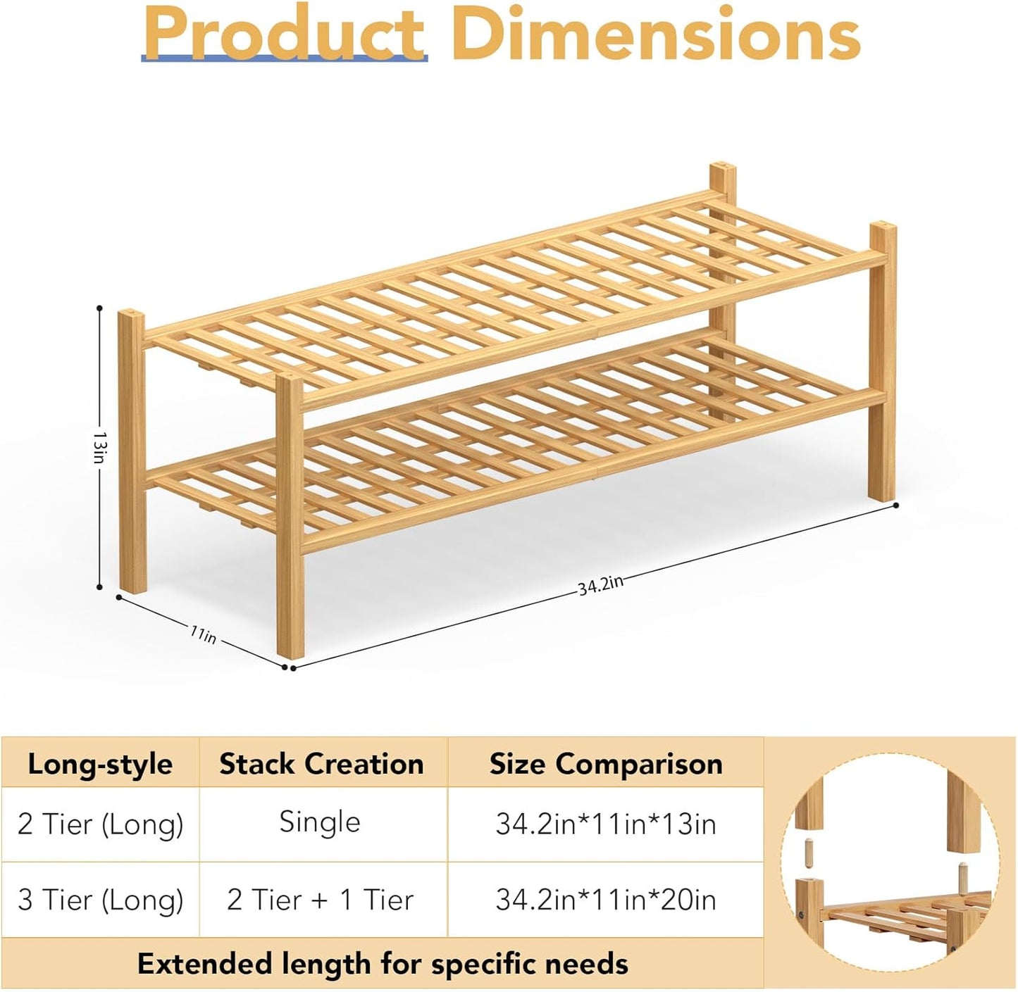 Haddockway Long 2 Tier Bamboo Shoe Rack Storage Organizer,Multifunctional Free Standing Stackable Shoe Shelf with Grid Panel for Closet,Hallway,Entryway,Small Space 34.2"x11"x13"(Natural, 2-Tier Long)