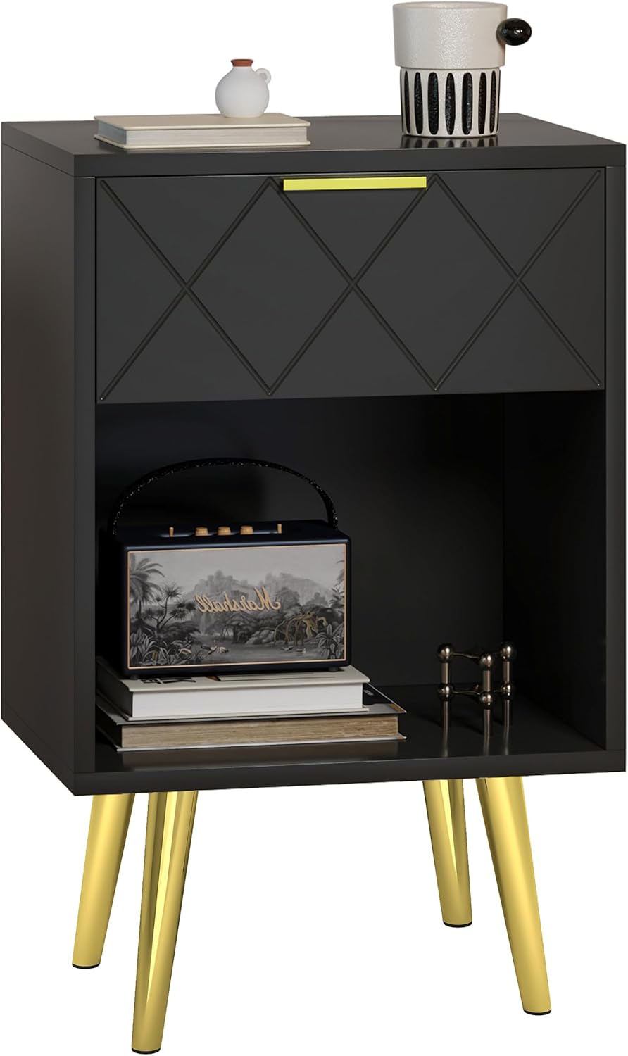 Black Nightstand, Bedside Table with Storage Drawer and Open Wood Shelf, Side Table with Gold Legs, Modern Style Night Stand End Table Drawer Dresser for Living Room Bedroom MLBZ19B