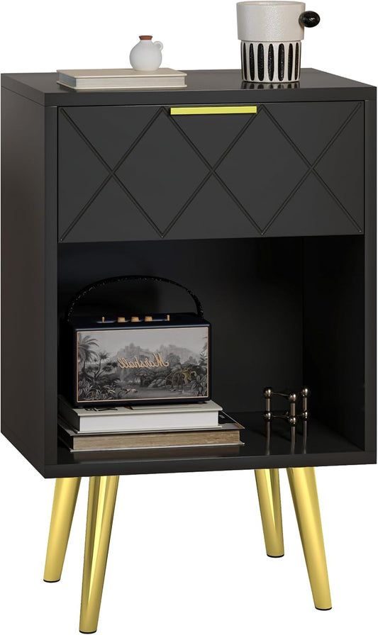 Black Nightstand, Bedside Table with Storage Drawer and Open Wood Shelf, Side Table with Gold Legs, Modern Style Night Stand End Table Drawer Dresser for Living Room Bedroom MLBZ19B