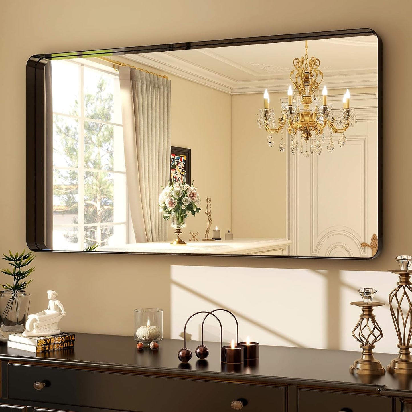 48"x30" Black Bathroom Mirror - Modern Black Mirror for Wall with Rounded Corners, Bathroom Mirrors for Vanity, Aluminum Alloy Framed Mirror Portrait or Landscape Hang