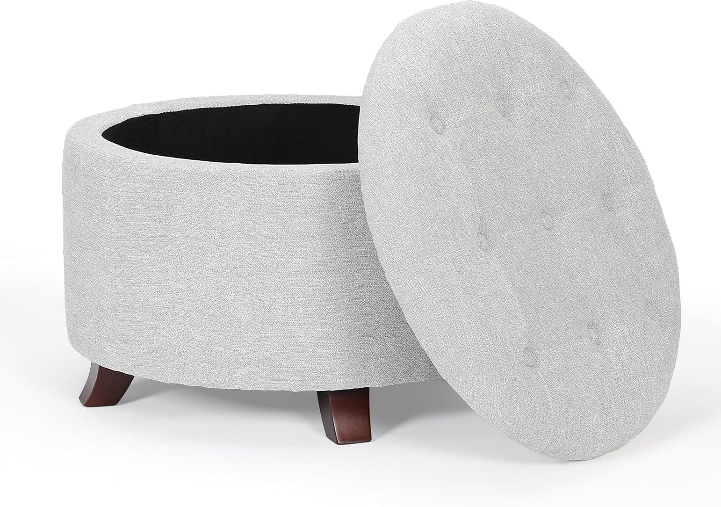 Athena Collection 24.5 Inch Small Ottoman with Storage, Round Linen Fabric Storage Ottoman Foot Rest with Removable Lid, Multipurpose Footstool Footrest for Livingroom, Bedroom, Dorm, Grey