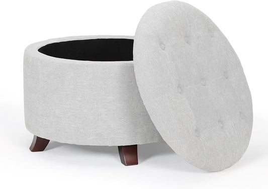 Athena Collection 24.5 Inch Small Ottoman with Storage, Round Linen Fabric Storage Ottoman Foot Rest with Removable Lid, Multipurpose Footstool Footrest for Livingroom, Bedroom, Dorm, Grey