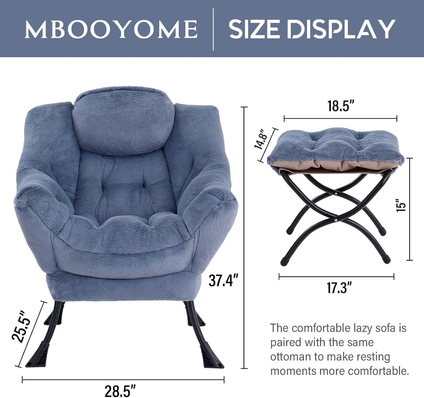 Lazy Chair with Folding Ottoman, Modern Accent Lounge Armchair with Armrests and a Side Pocket & Foldable Footstool, Leisure Reading Chair for Living Room, Bedroom & Dorm, Plush Light Blue