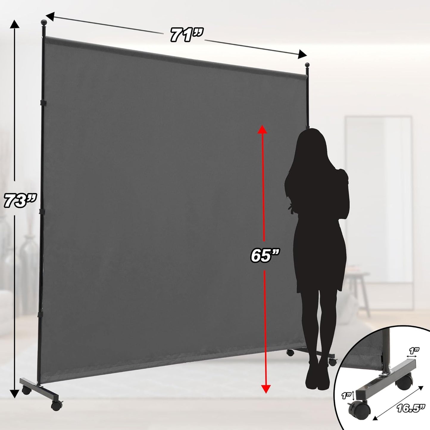 6FT Single Panel Room Divider with Wheels,Rolling Fabric Room Dividers for Partition Privacy Screens,Freestanding Wall Divider for Home Office,Restaurant,Hospital(Grey)