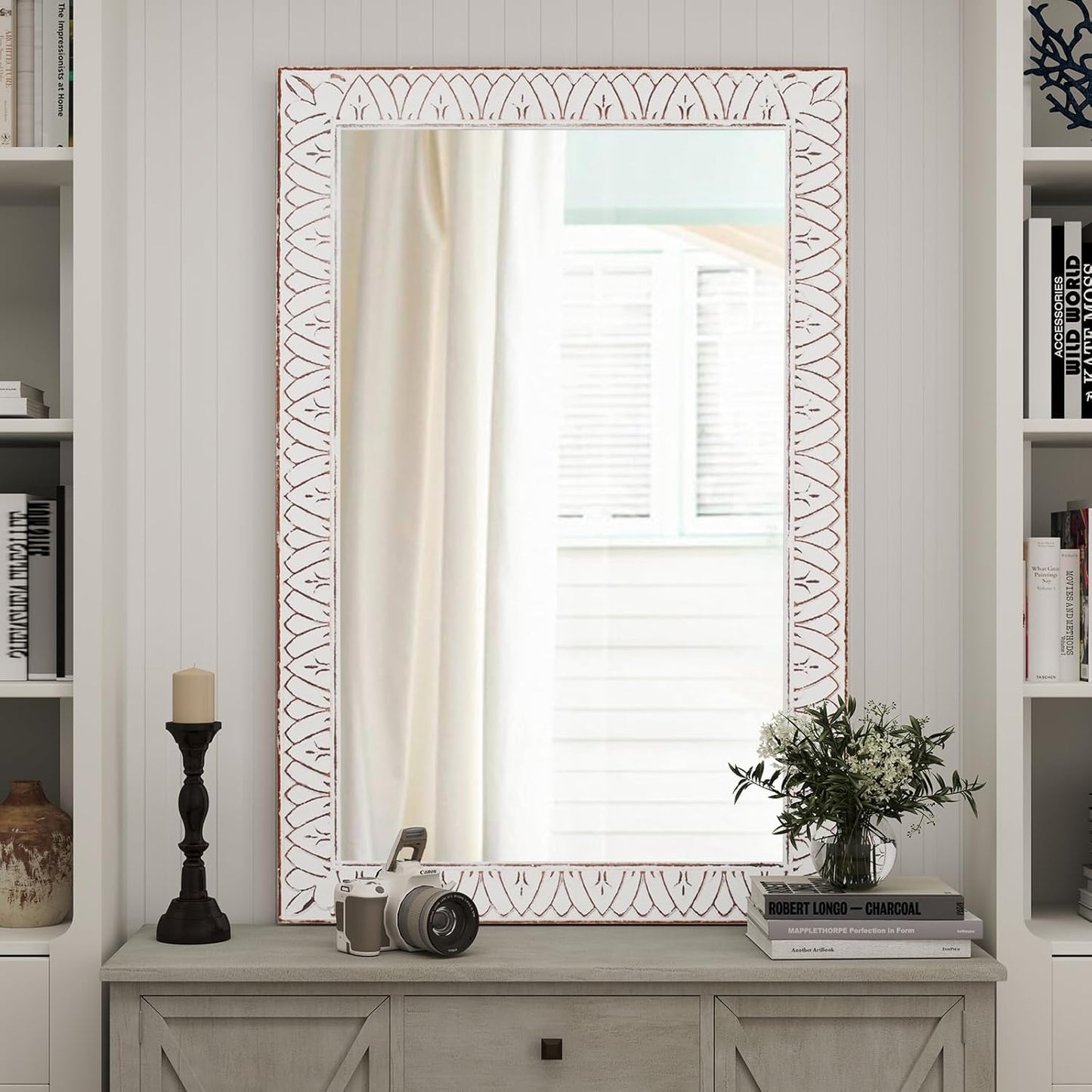 36x24 Inch Farmhouse Rectangle Wall Mirrors with Wooden Frame, Rustic Decorative Rectangular Mirror for Living Room, Bedroom, Bathroom, Entryway - Vertical/Horizontal Hanging