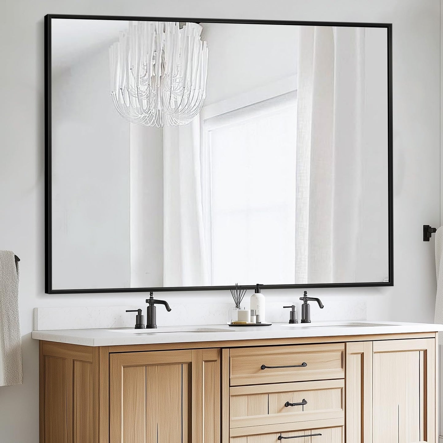 Bathroom Mirror, 55" x 36" Wall Mirror, Rectangular Aluminum Alloy Frame Contemporary Hanging Mirror for Living Room Bathroom, Black Rectangle Corner