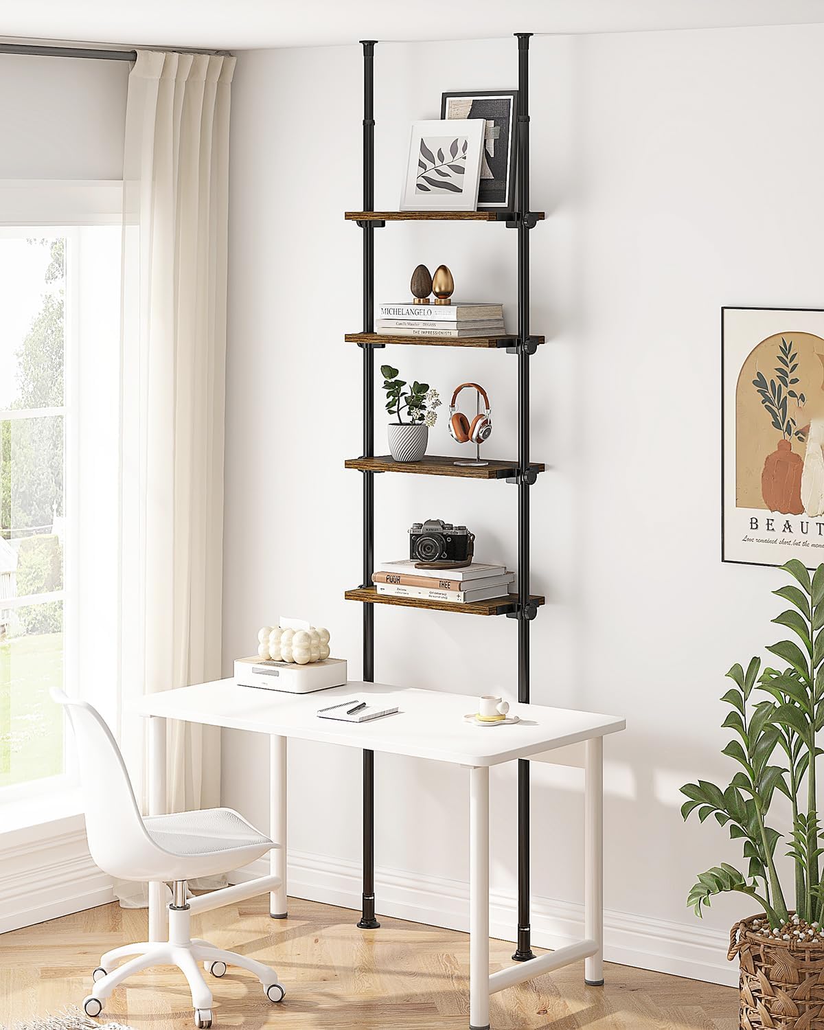 ALLZONE Adjustable Tall Narrow Bookshelf for Bedroom, 4-Tier Ladder Bookcase for Small Spaces, Tension Mount Tall Skinny Book Shelf with Open Storage, 64 to 113Inch Height