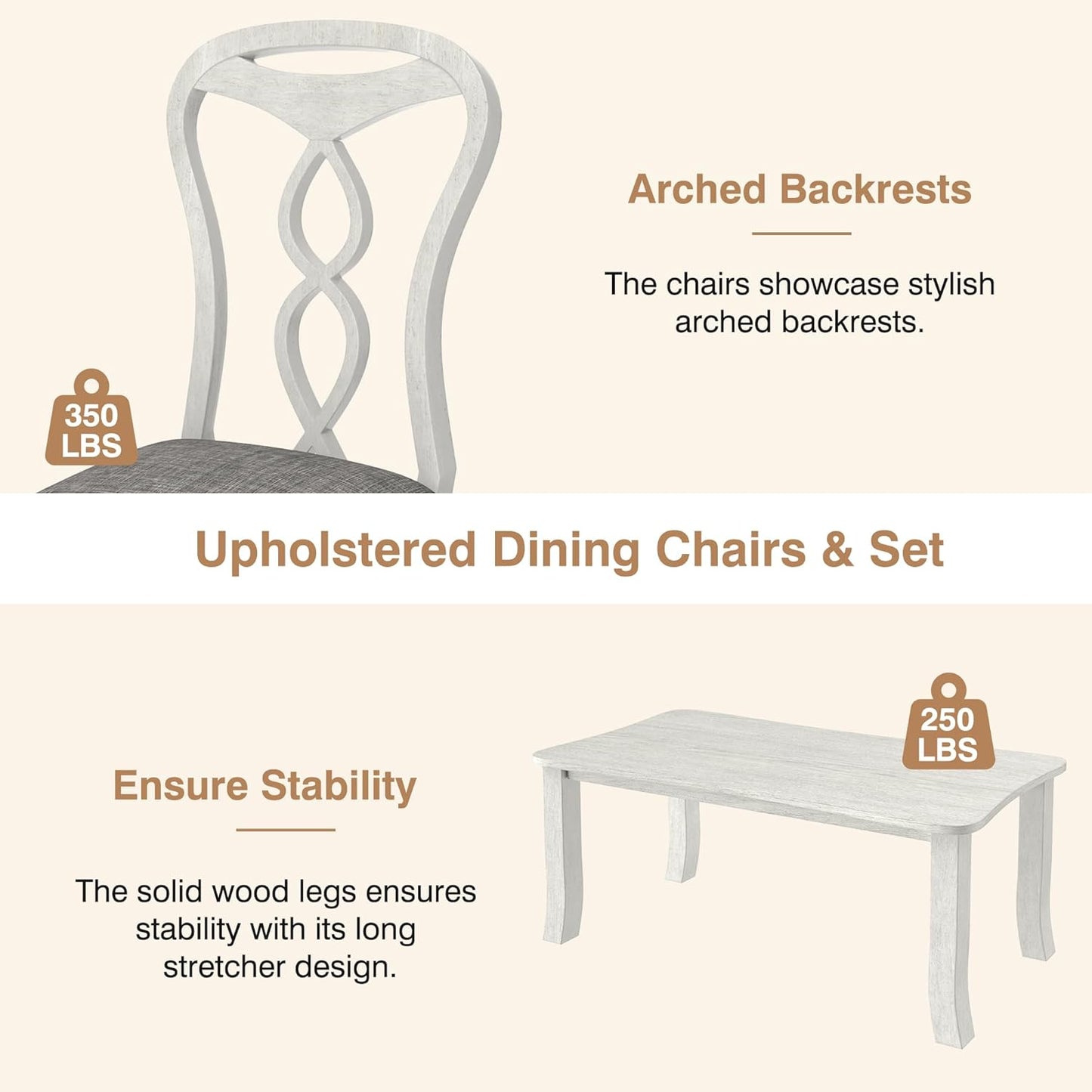 7-Piece Solid Wood Dining Table Set with 6 Upholstered Chairs - Easy Assembly Modern Design for Kitchen & Small Spaces, Durable Wooden Table and Chairs for Dining Room, Kitchen, Light Grey