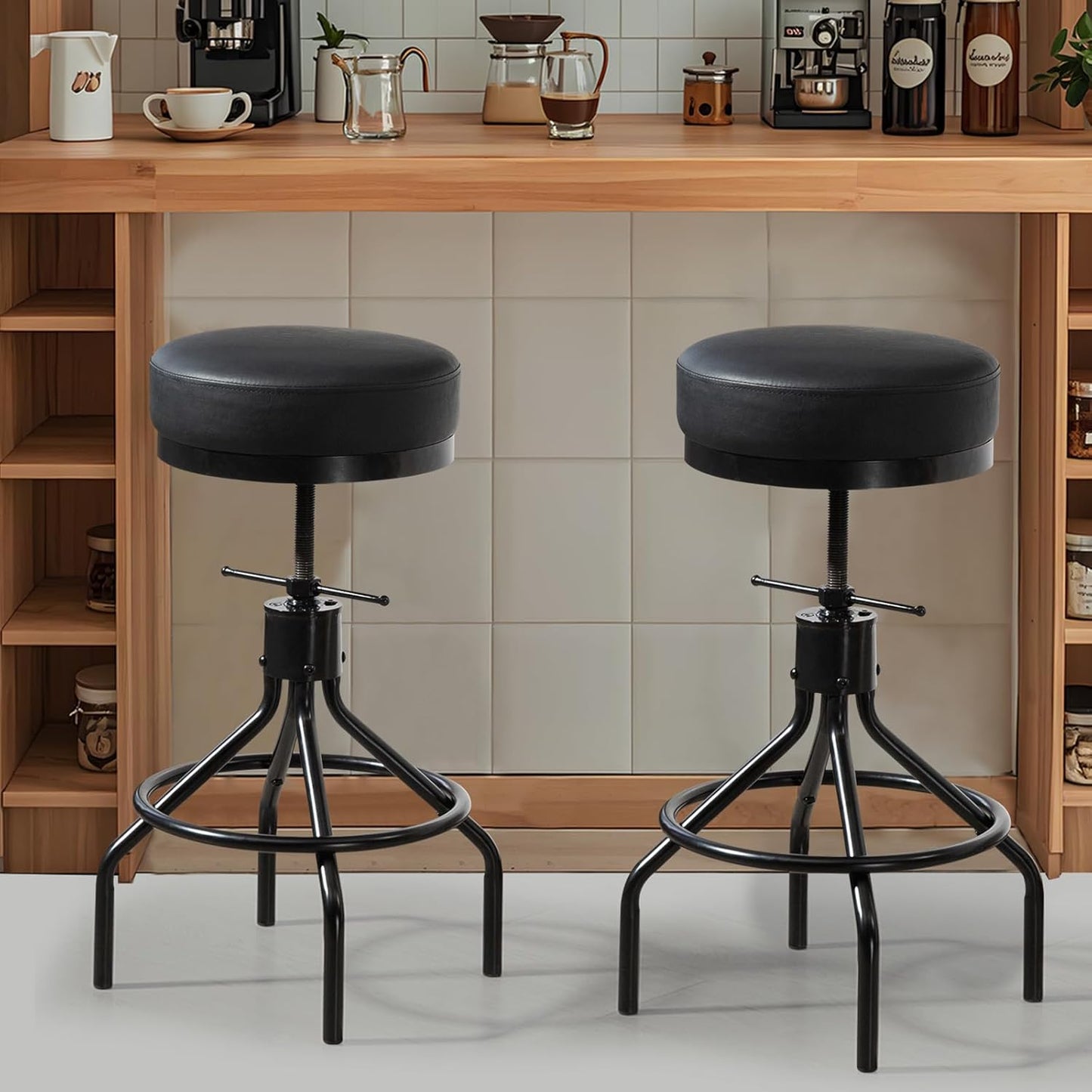 Adjustable Bar Stools Swivel Black Barstools Modern PU Leather 28inch Round Backless Counter Height Stool Metal Industrial Bar Chair for Kitchen Island (1, Black)
