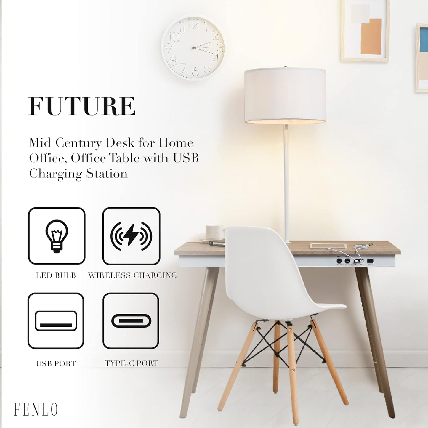 FENLO Future 39" Mid Century Desk for Home Office, Office Table with USB Charging Station, Mid Century Modern Desk with Wireless Charging, USB, and USB-C Ports