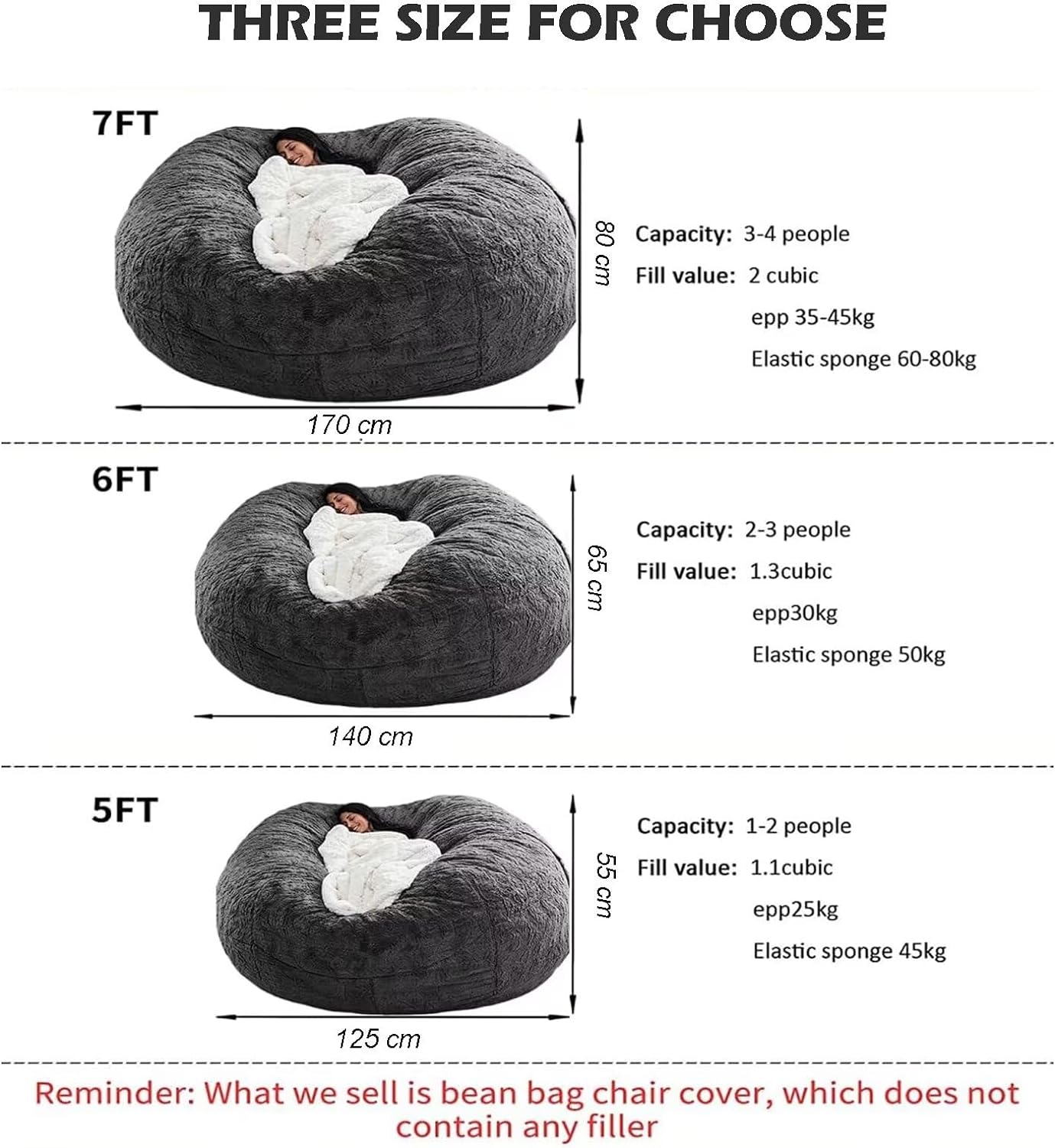 BCU 6FT Bean Bag Chair for Adults and Kids Without Filler Giant Stuffed Animal Storage Cover Soft Faux Fur Floor Chair Cover for Bedroom Living Room, Black