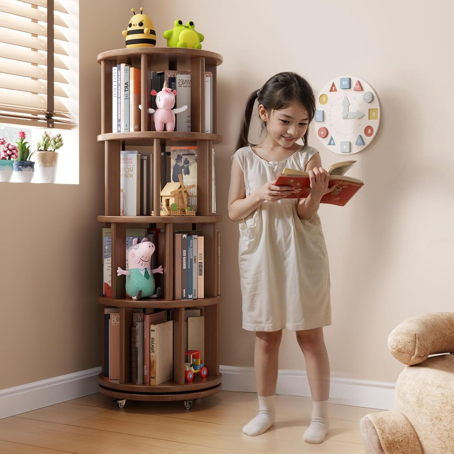 Solid Wood Rotating Bookshelf on Wheels, 4 Tier, Round Revolving Bookcase, 360° Spinning Book Shelf Tower for Kids, Narrow Rolling Bookshelves for Small Space, Corner, Bedroom, Office, Walnut