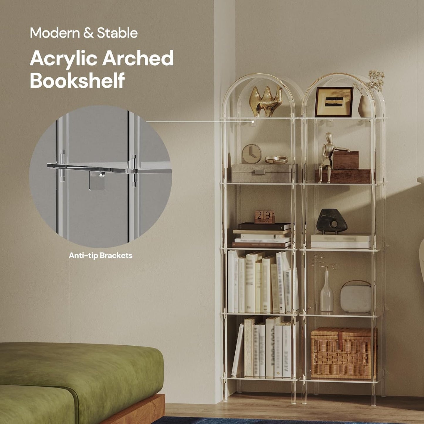 5-Tier Acrylic Arched Bookcase, Clear Narrow Bookshelf for Small Space, 13.8''W x 11.8''D x 57.1''H, Open Display Book Shelves for Home Office, Living Room, Bedroom, Modern