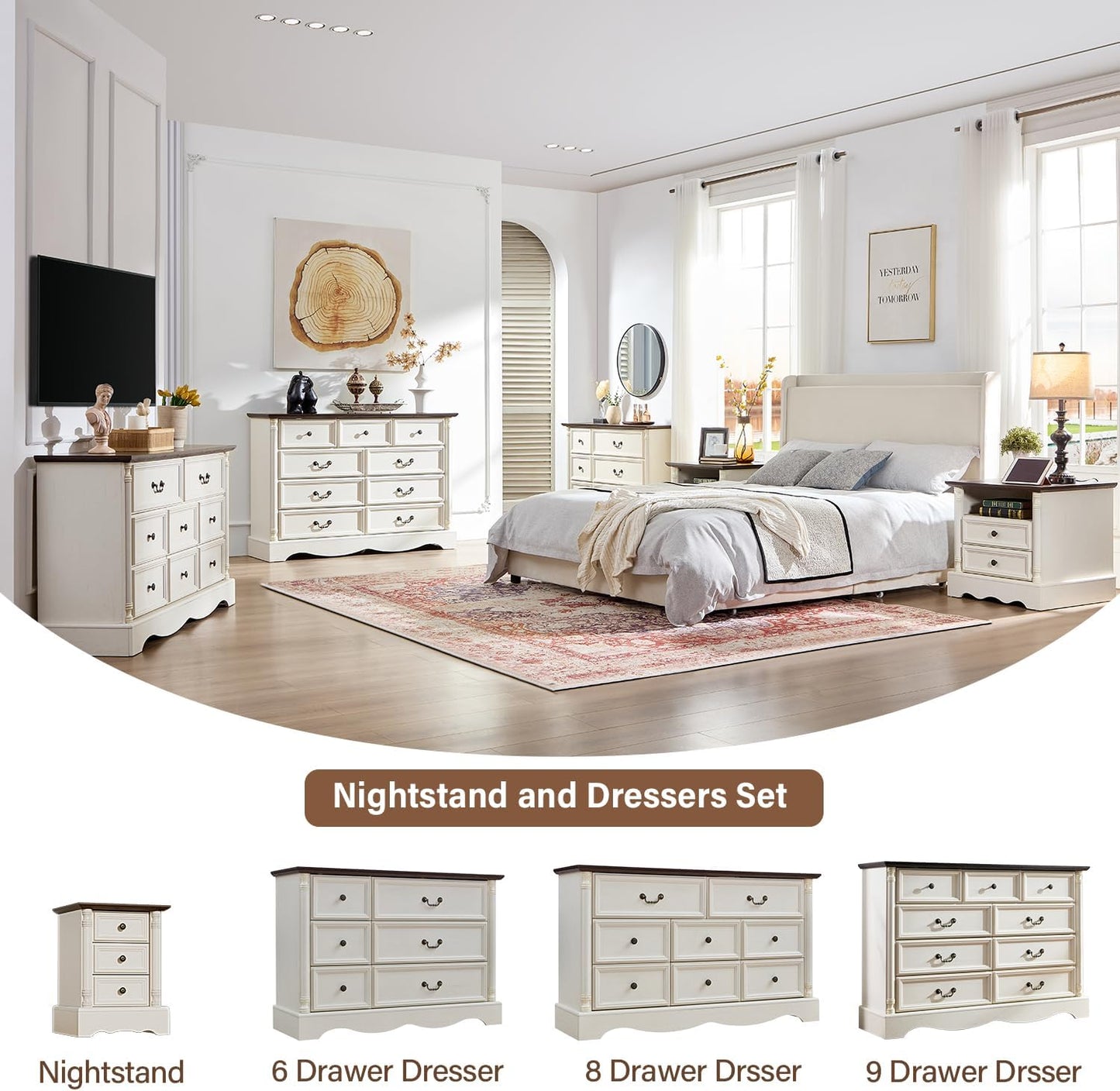 Farmhouse 8 Drawers Dresser for Bedroom with Charging Station, 54" Wide Wood Country Rustic Storage Dressers Organizer, Vintage Design Chest of Drawers TV Stand, Antique White