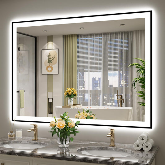 55x40 Inch LED Bathroom Mirror with Lights (Front Lit and Backlit) Black Framed Lighted Vanity Mirror for Bathroom Wall Dimmable Anti-Fog Memory Tempered Glass Horizontal/Vertical