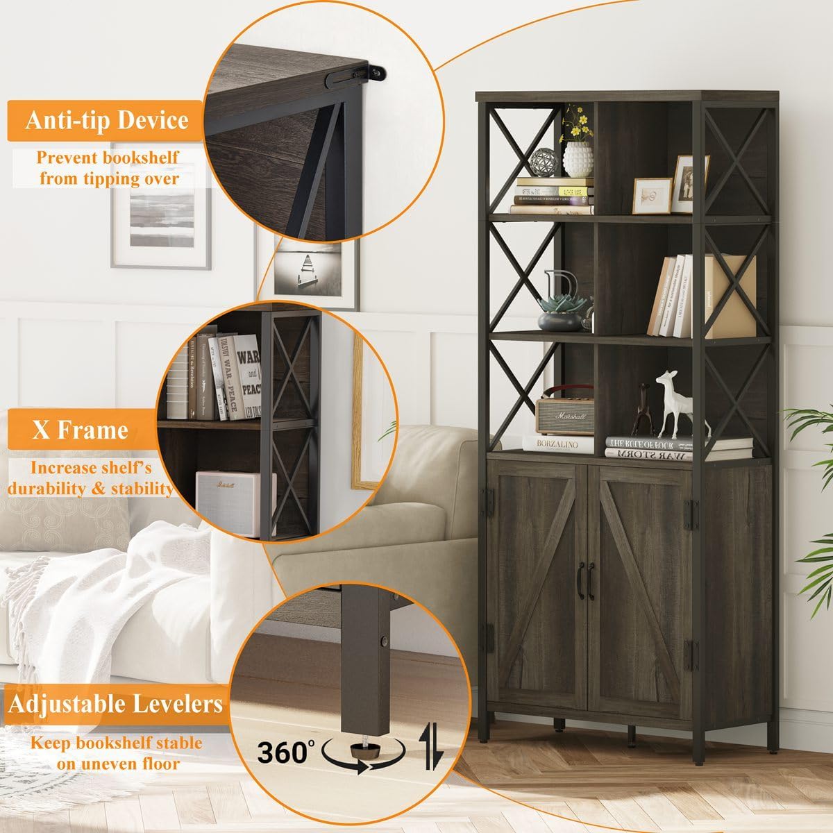 FATORRI Industrial Tall Bookshelf, Rustic Bookcase with Doors, 6 Cube Storage Organizer with Shelf for Living Room, Wood and Metal Book Shelf for Home Office (Walnut Brown)