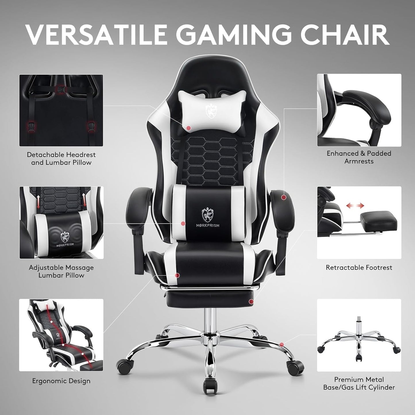 Gaming Chair,Computer Office Chair with Footrest,Massage Lumbar Support and Gel Pad,Ergonomic Reclining Adjustable Leather Gamer Chair with Headrest and Spring Cushion Black White