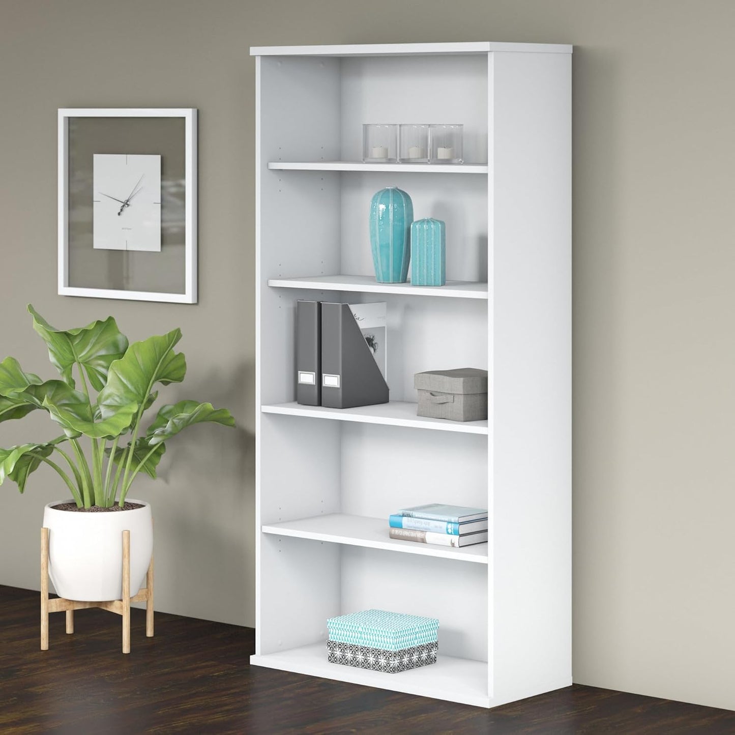Bush Business Furniture Studio C Tall 5 Shelf Bookcase in White, Large Bookshelf for Home or Professional Office