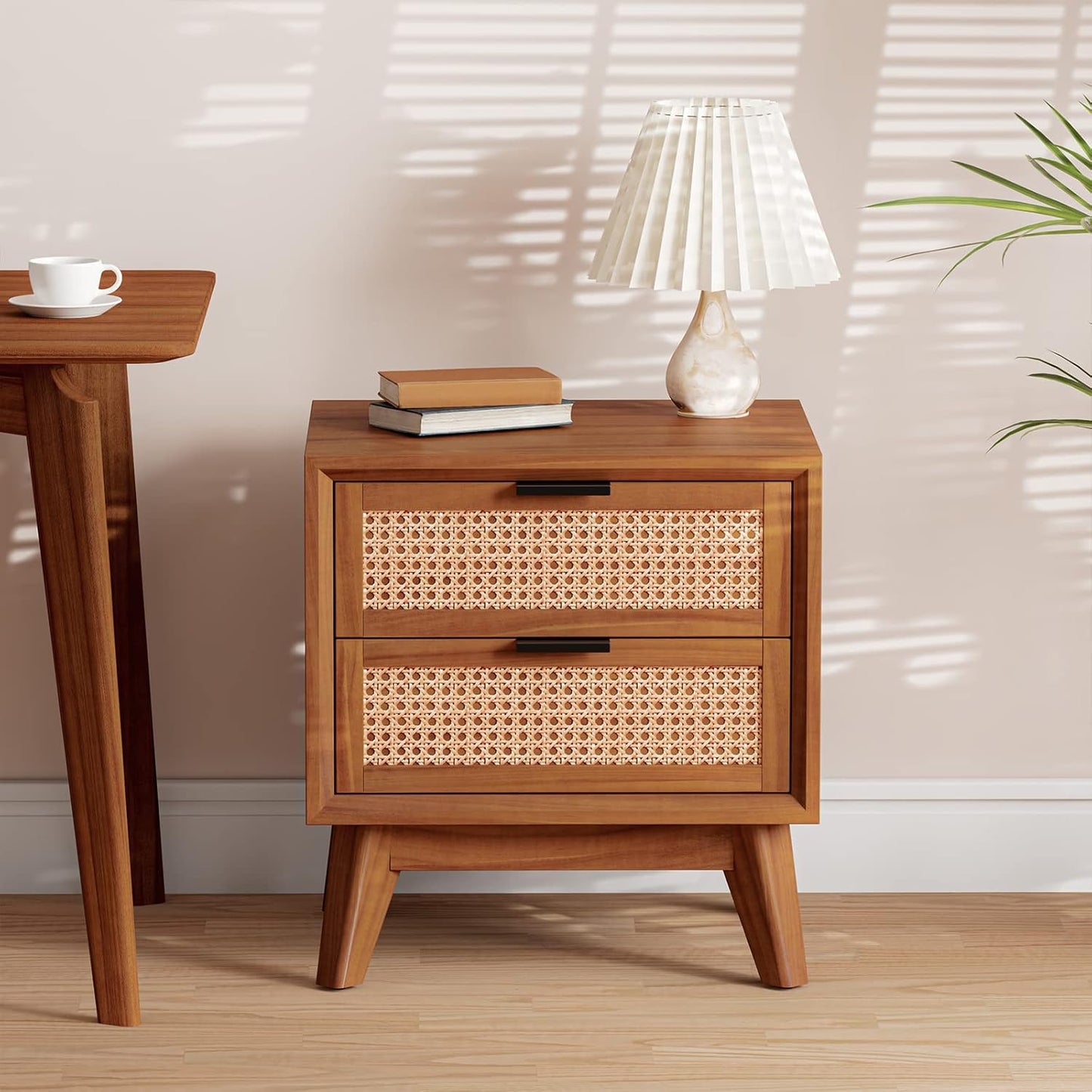 Bme Jasper Deluxe Solid Wood Rattan Nightstand Fully Assembled - Mid Century Modern Side Table with 2 Drawers - Multipurpose use for Living Room, Bedroom - Dark Chocolate