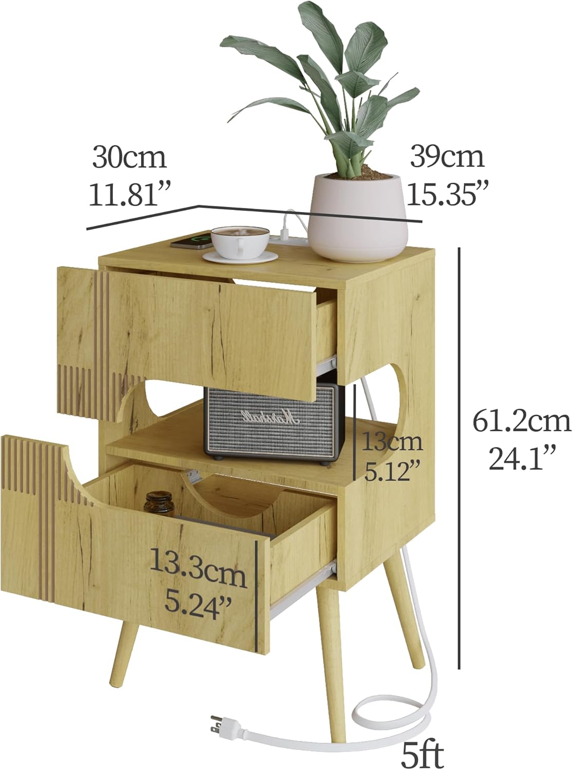 Nightstand with Charging Station and LED Lights,Modern Bedside Table with 2 Storage Drawer,Night Stand with Solid Wood Legs,White (Oak)