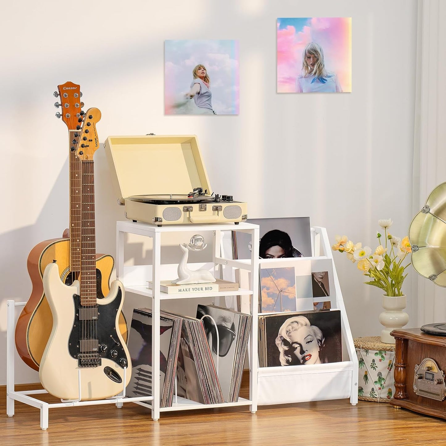 LELELINKY Record Player Table,Adjustable Guitar Stand for Acoustic Guitar, Electric Guitar, Bass, White Turntable Holder with Vinyl Storage Up to 150 Albums, Side Table with Magazine Periodical Rack
