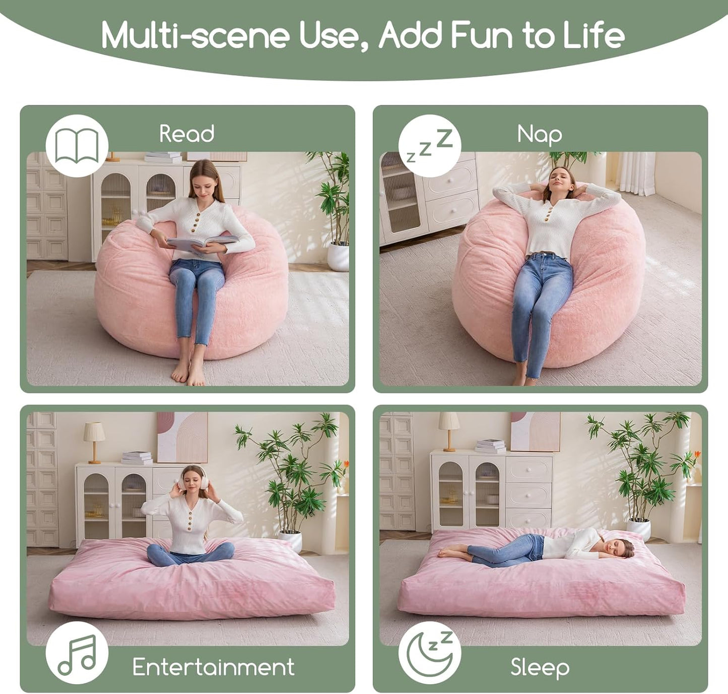 HIGOGOGO Giant Bean Bag Chair Bed for Adults,Convertible Beanbag Folds from Lazy Chair to Floor Mattress Bed,Large Floor Sofa Couch with High-Density Foam Filling, Machine Washable