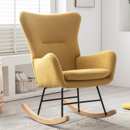 Phoenix Home Rocking Chair Nursery Velvet Upholstered Glider Rocker Rocking Accent Chair Padded Seat with High Backrest Armchair Comfy Side Chair for Living Room Bedroom Offices, Yellow
