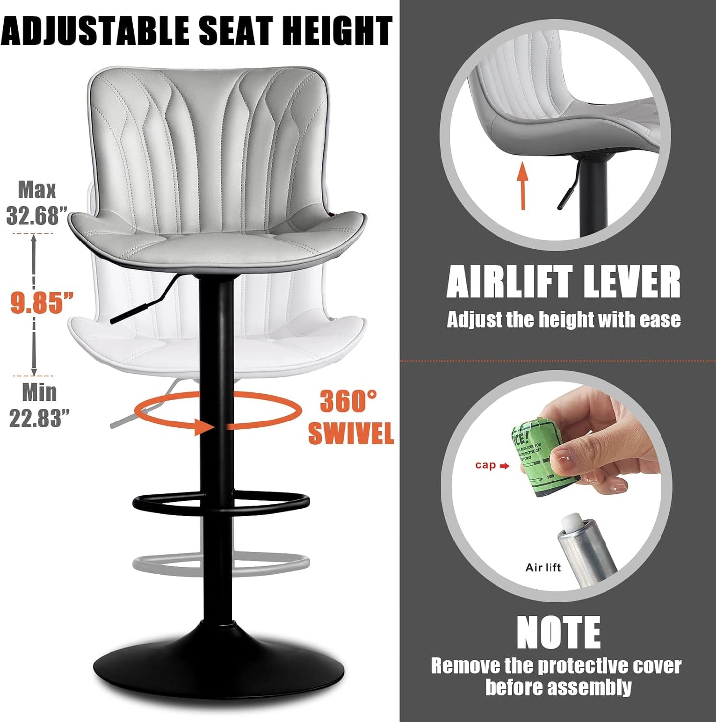 YOUNUOKE Bar Stools Kitchen Chiair Set of 2 Swivel Counter Height Barstools Adjustable Faux Leather Island Chairs Modern Metal Bar Stool with Back, Light Grey