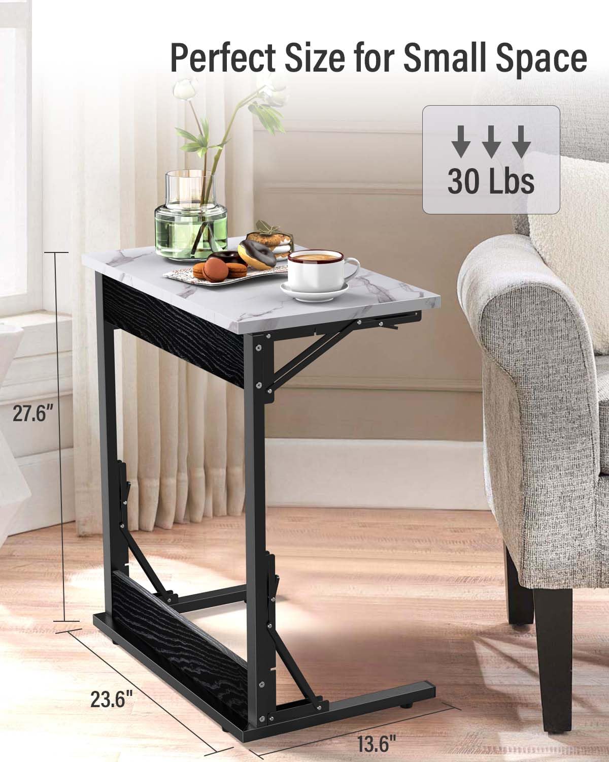 Tatub 24" Folding TV Tray Table, Marble C Shaped End Table for Couch, Small Sofa-Side Laptop Desk with Black Metal Frame for Living Room, Bedroom, Bedside