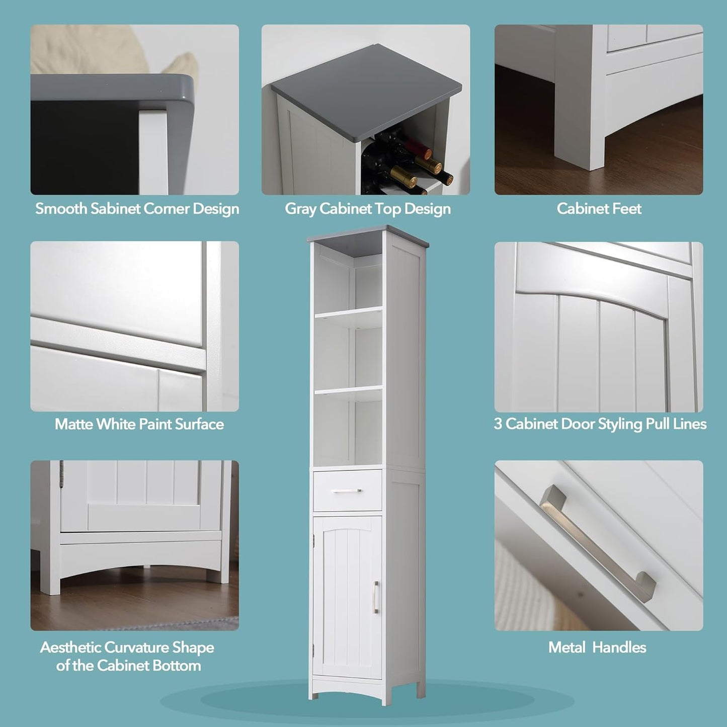 Tall Bathroom Storage Cabinet - 13" Narrow Slim Cabinet with Adjustable Shelves & Anti-Fall Drawers, Freestanding Linen Closet Organizer (Matte White & Grey Top, 64" Tall Cabinet with Doors)