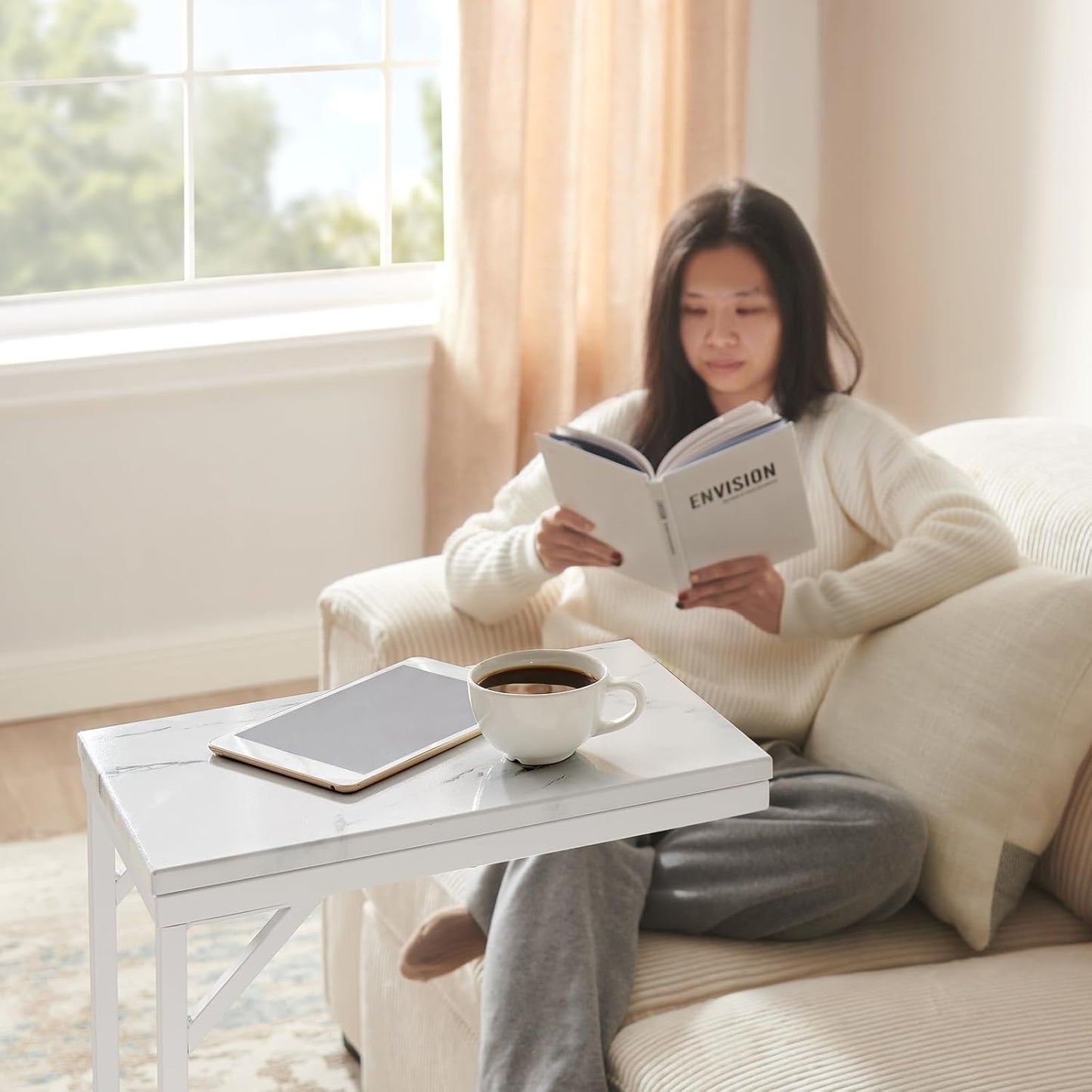 C-Shaped End Table, Small Sofa Table with Metal Frame, Adjustable Height Side Table for Couch, Living Room, Bedroom, Bedside (White, Large)