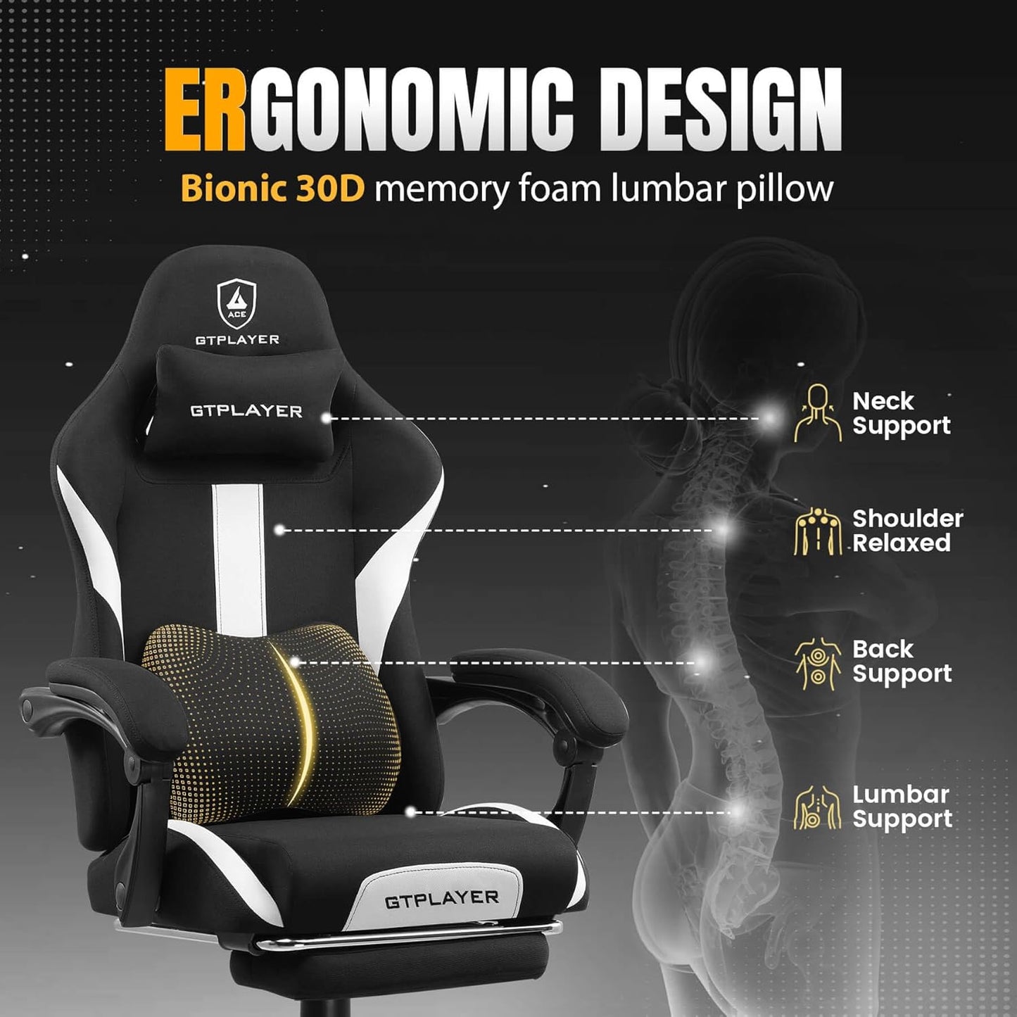 GTRACING Gaming Chair with Foot Rest & Pocket Spring Cushion, Breathable Fabric for Home Office Desk, Ergonomic High Back Computer Chair with Headrest & Lumbar Support, Black
