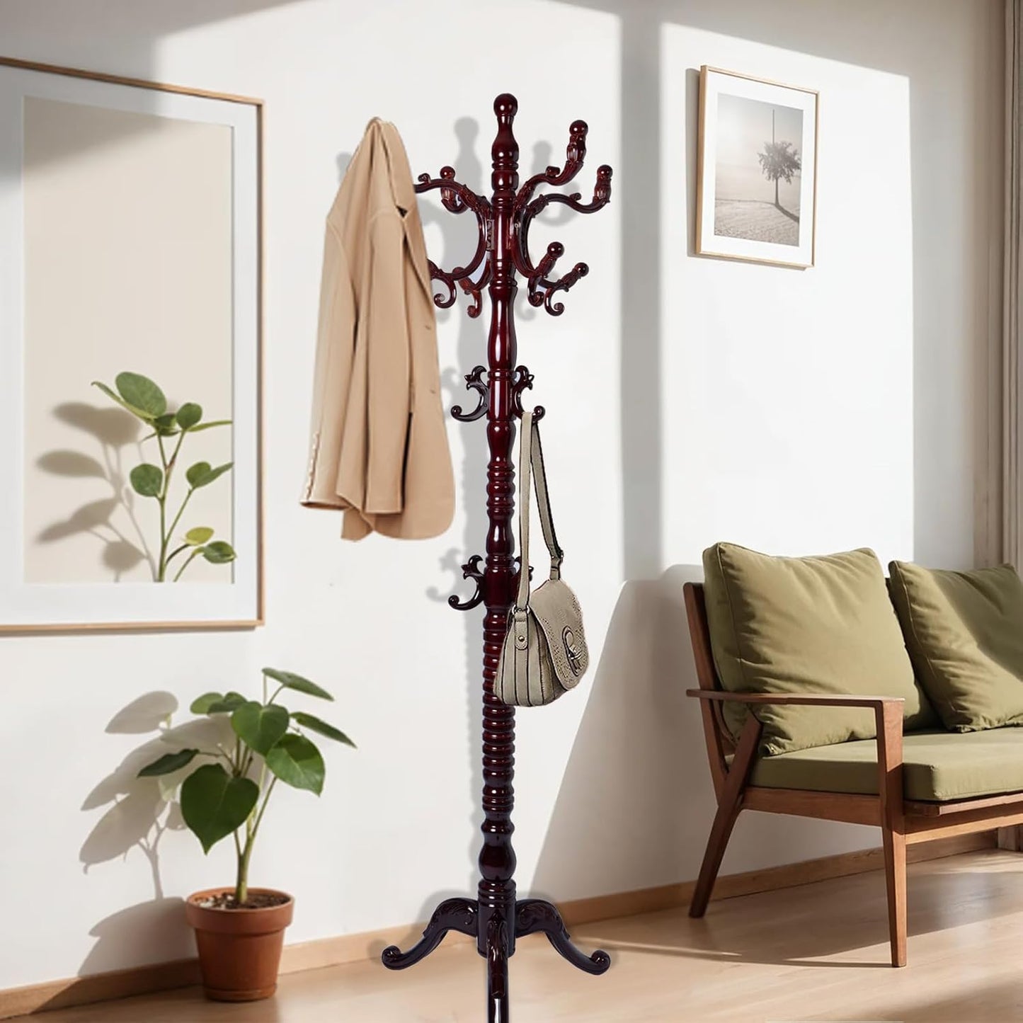 73 in Wood Coat Rack, Coat Rack Freestanding with Stable Round Base, Adjustable Height Tree Coat Racks Stand for Home Bedroom Office Hallway Entryway (Triangle Redwood)