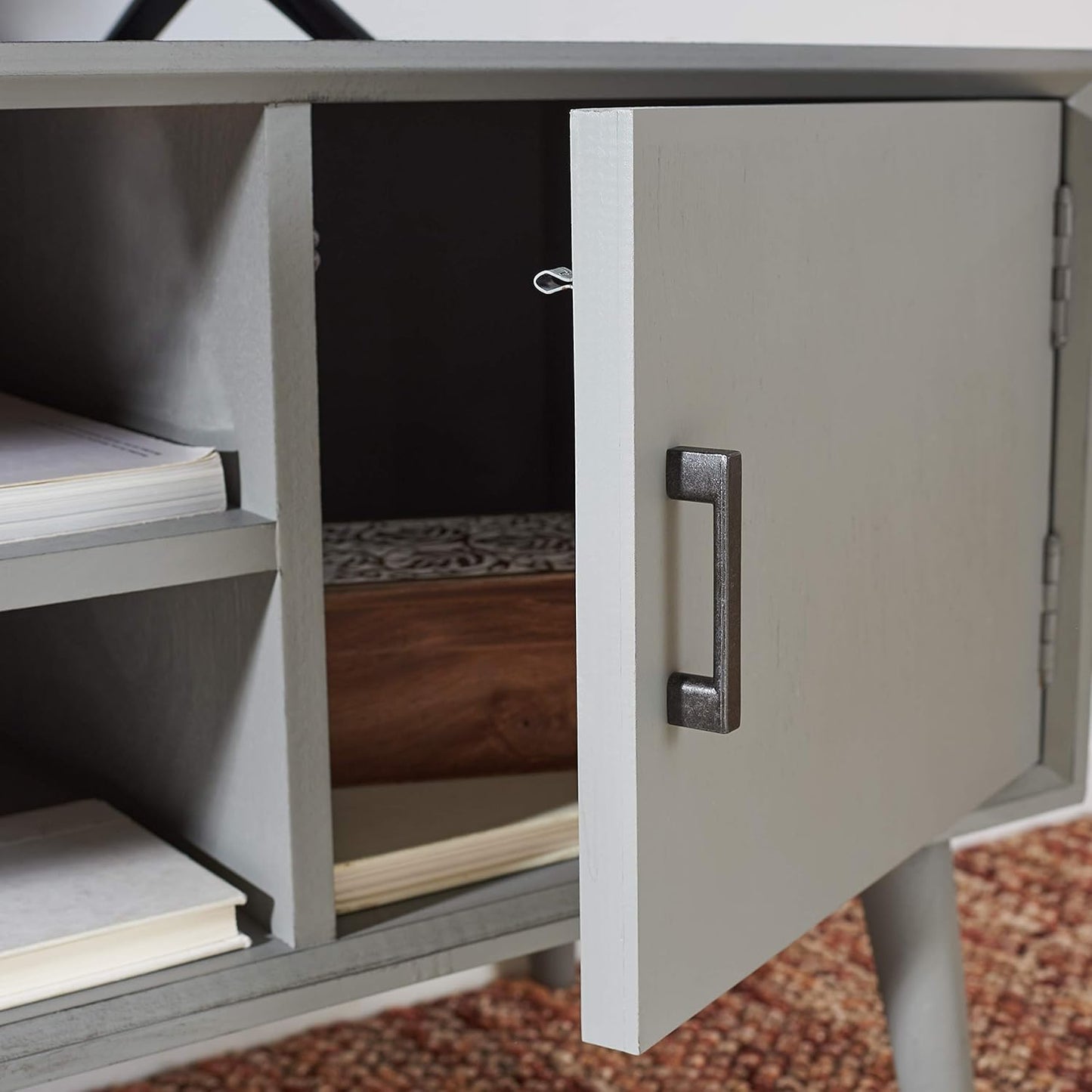 SAFAVIEH Sorrel TV Stand for up to 55" Flatscreen – Distressed Grey, 2 Doors with Interior Storage, 2 Open Shelves, Entertainment Media Console (MED5701D)