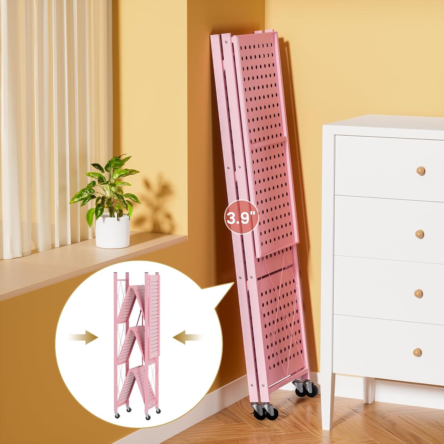 ALANNG Storage Shelves with Wheels, Bookshelf with Storage, No Assembly Metal Rack Shelf for Kitchen, Office, Laundry, Garage (4 Tier, Pink)