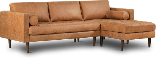 Poly & Bark Napa Leather Couch - Right Facing Sectional Sofa with 2 Bolsters - Full-Grain Leather Sofa for Living Room with Feather-Down Topper - Corner Couch - Vintage Italian Leather in Cognac Tan
