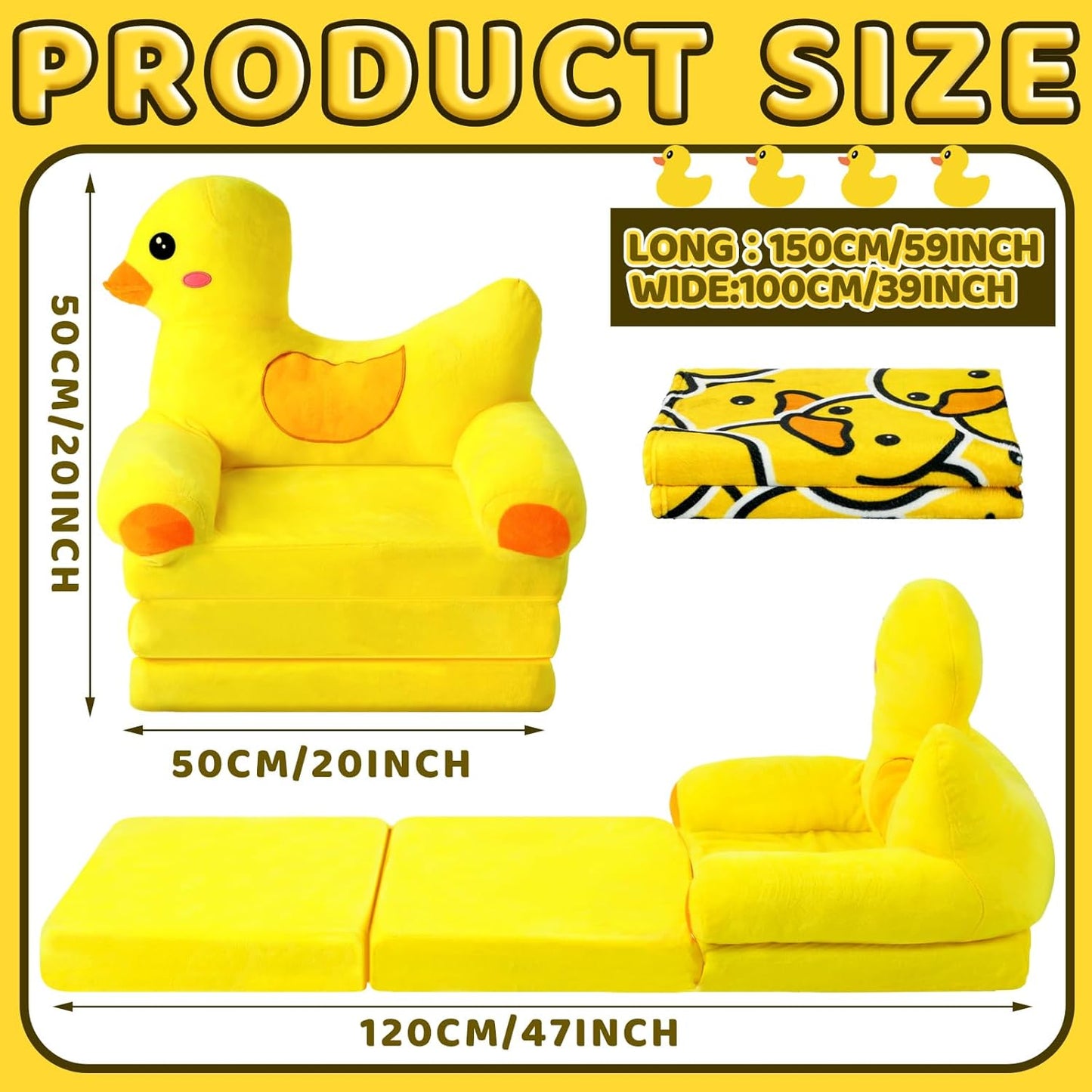 Duck Kids Couch Fold Out 2-in-1 Toddler Sofa Fold Out with Blanket, Soft Toddler Chair Comfy for Boys Girls Baby, Convertible Sofa to Lounger for Napping Reading Playing Christmas, Yellow