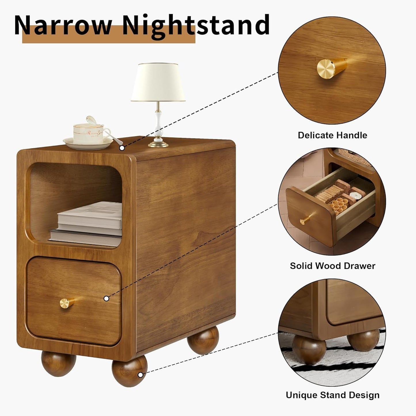 Small Narrow Nightstand with Drawers, Solid Wood Nightstand, Walnut Night Stand, Mid Century Side Table, Modern Bedside Tables for Bedroom (10 inch)