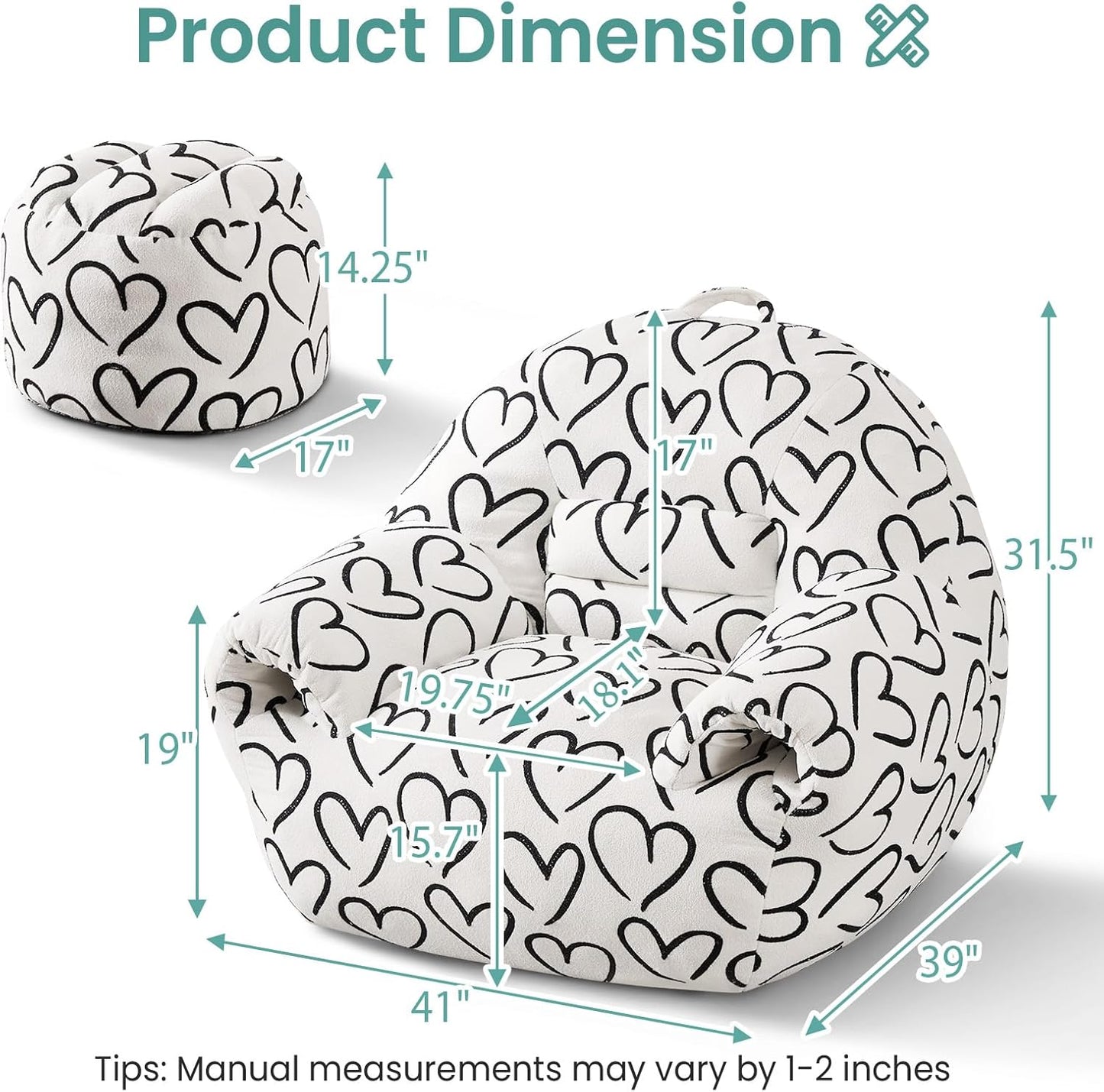 DAICO Bean Bag Chairs for Adults Comfy Accent Chair with Ottoman Floor Sofa Beanbag Couchs with Armrests White Single Lazy Sofa with Foam for Living Room Reading Bedroom Gaming (Cordate Pattern)