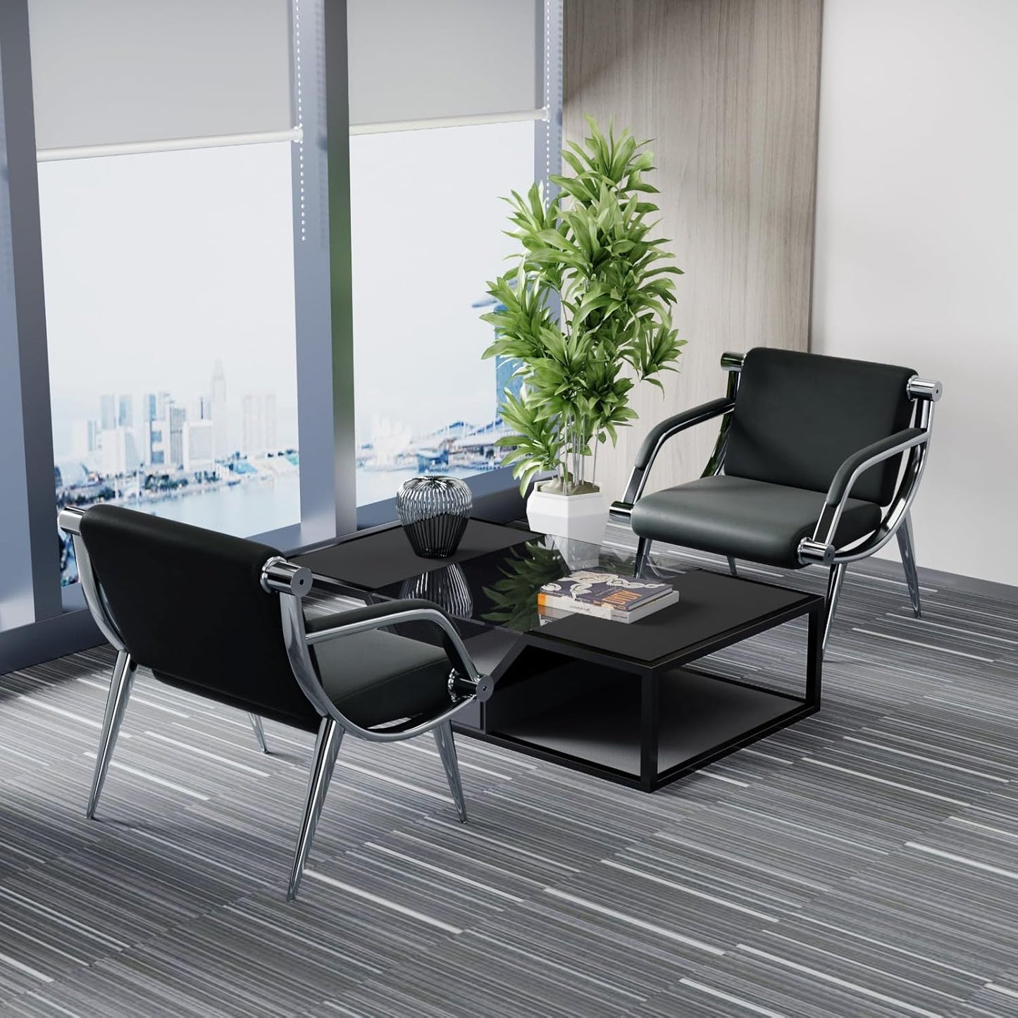 wonline Waiting Room Chair with Armrest Black PU Leather Office Furniture, Office Guest Seating Lobby Conference Reception Chairs for Airport Clinic Hospital Bank Salon Barber(Black)