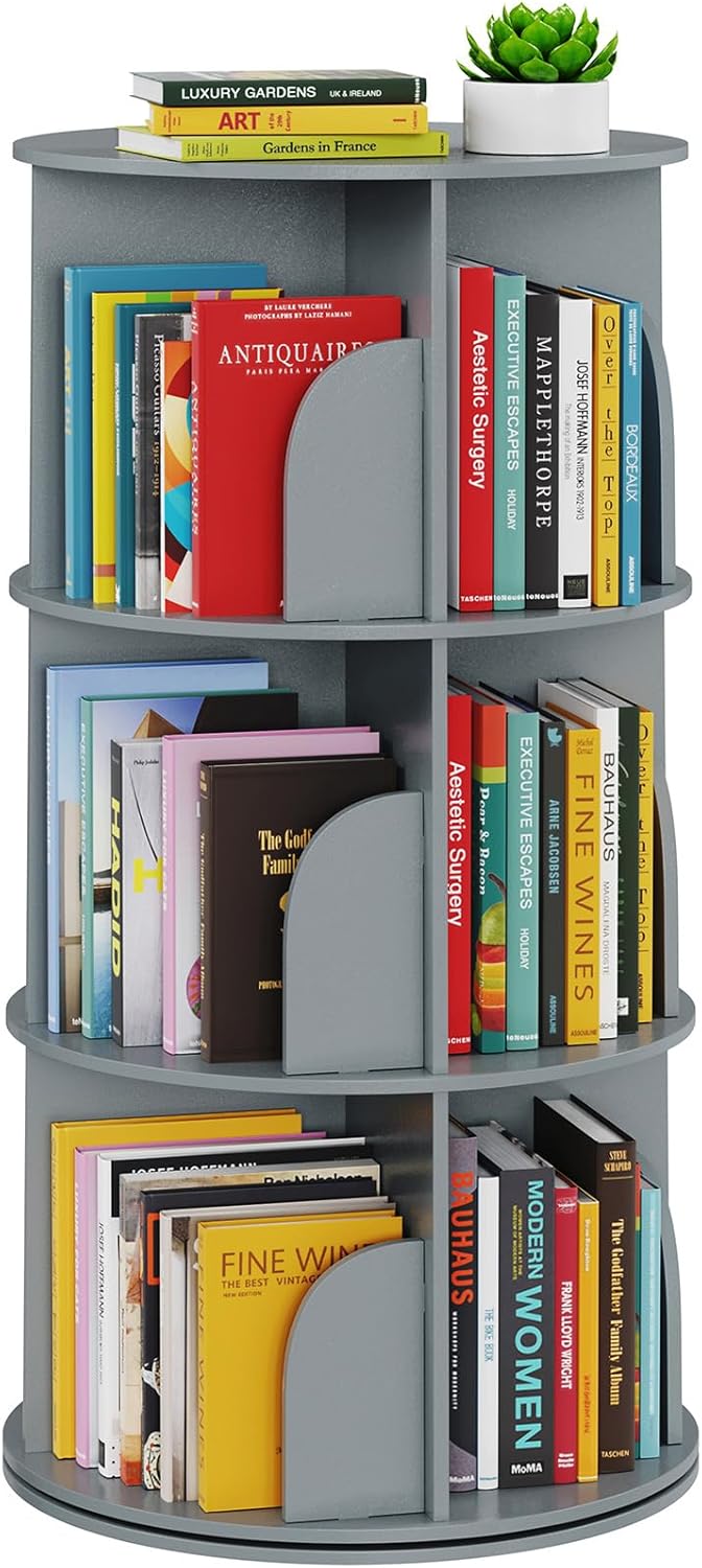 SpaceAid 3 Tier Rotating Bookshelf Tower, Spinning Bookcase Lazy Susan, Revolving 360 Book Shelf Storage Round Carousel, Vertical Rotate Turning Spiral Corner Organizer, Gray