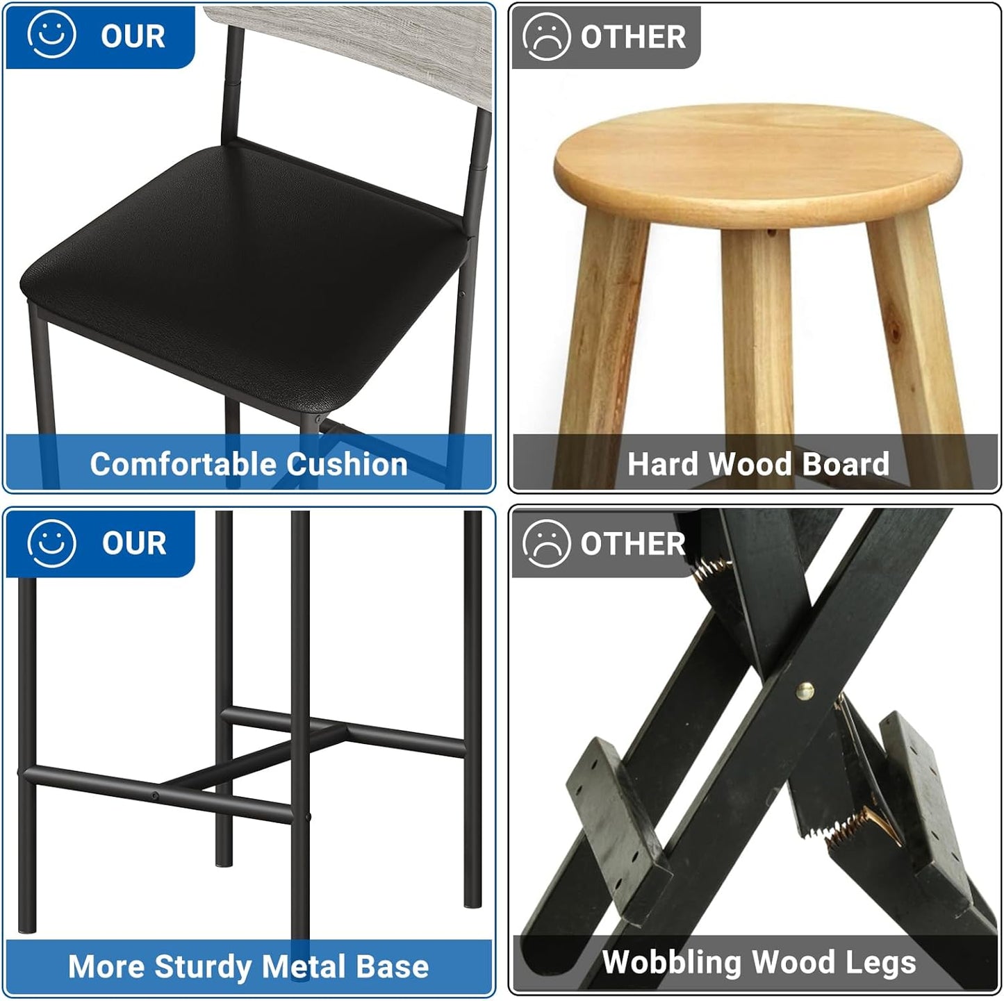 GarveeHome Bar Stools Set of 4, Upholstered Counter Height Bar Stools with Backrest and Footrest, Kitchen Barstools for Island, Counter Bar, Easy Assembly, Rustic Gray