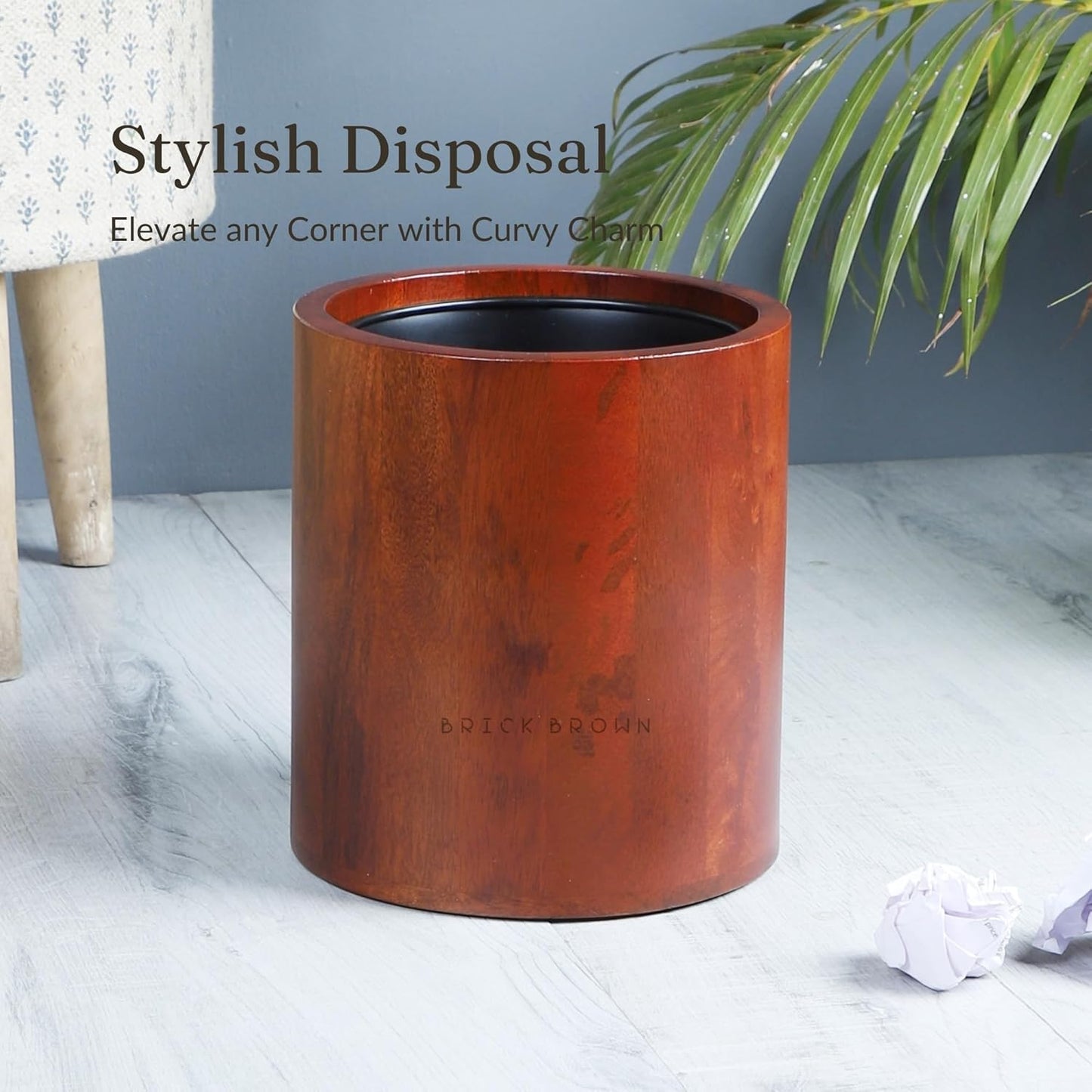 Premium Solid Wood Trashbin Multipurpose Furniture Basket for Home Living Room Office | Dustbin with Removal Metal Inner Liner from Mahogany Collection (Curvy, 8x8x9 Inch)