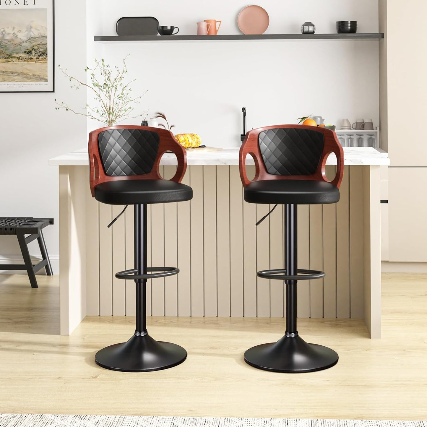 VECELO BarStools Set of 2,Counter Height Stools with Bentwood Back&Arm, Swivel Barstools,PU Leather Kitchen Island Stools, Adjustable Height Bar Chairs for Club Pub Dining Room,Black