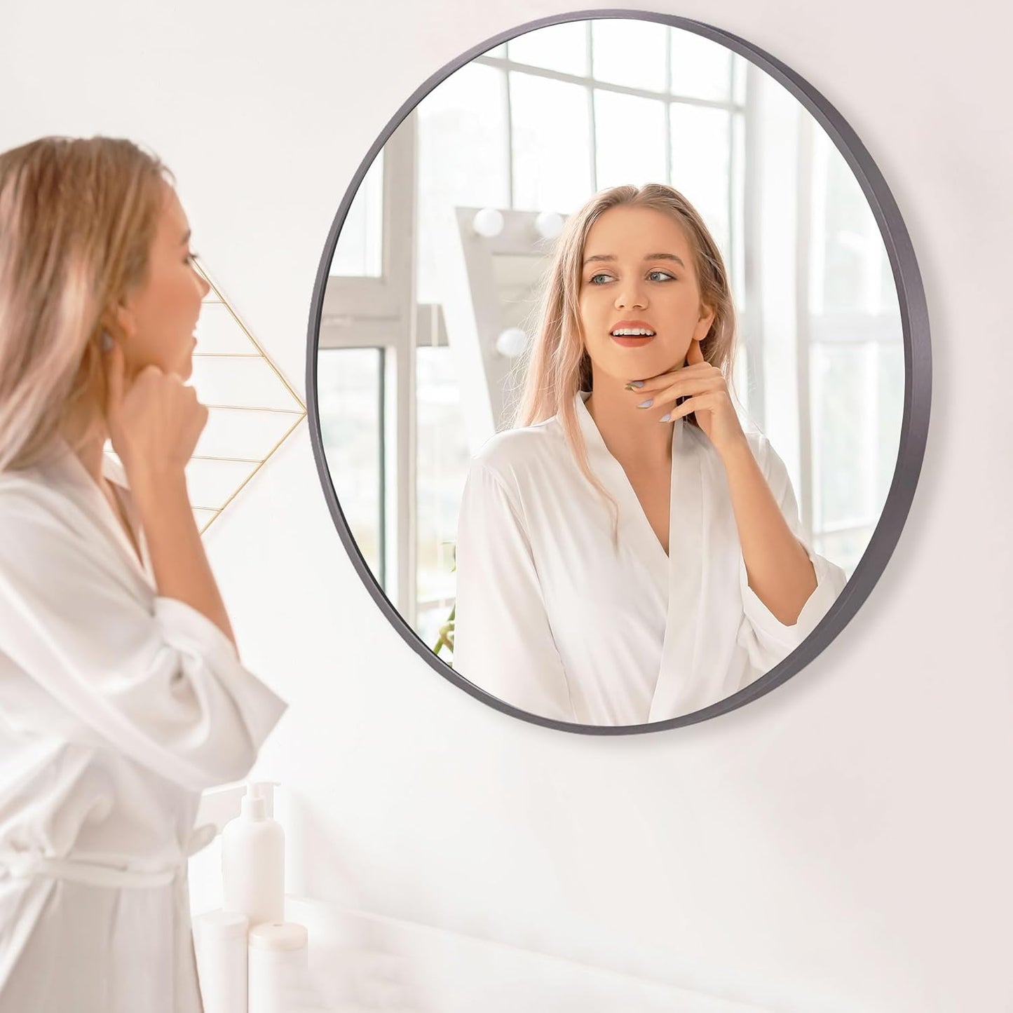 36 inch Dark Grey Circle Wall Mirror, Brushed Titanium Metal Framed Round Mirror for Bathroom Vanity, Bedroom Decor, Living Room, Entryway